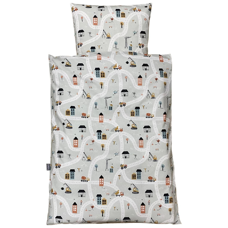 Junior sengelinned - dess. 1241 lys grå m/ veje og stopskilte