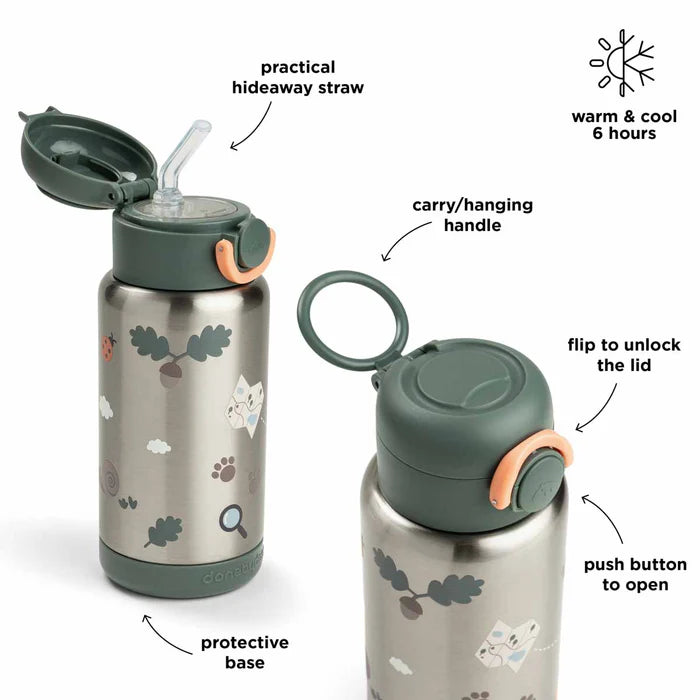 Done by Deer Isolerende flaske med sugerør Tiny trails 340 ml - grøn