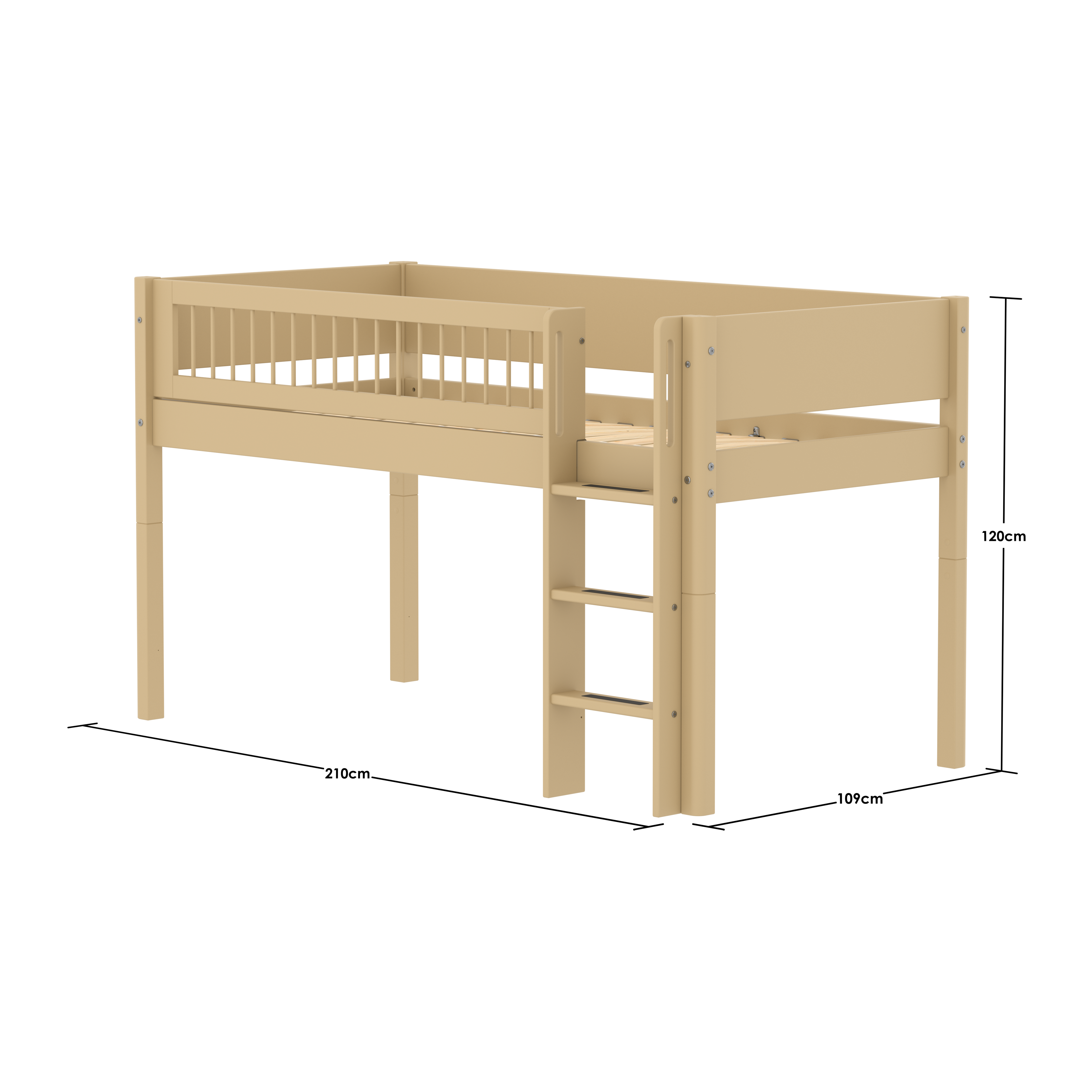 FLEXA WHITE Halvhøj seng 120 cm med stige og crossbar sengehest 90x200 cm - Sand