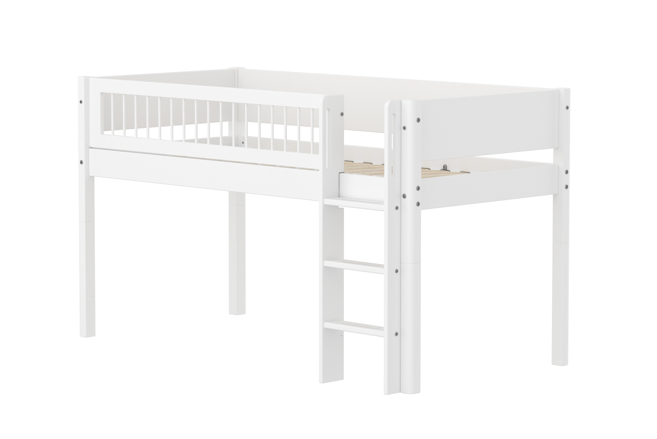 FLEXA WHITE Halvhøj seng 120 cm med stige og crossbar sengehest 90x200 cm - Hvid