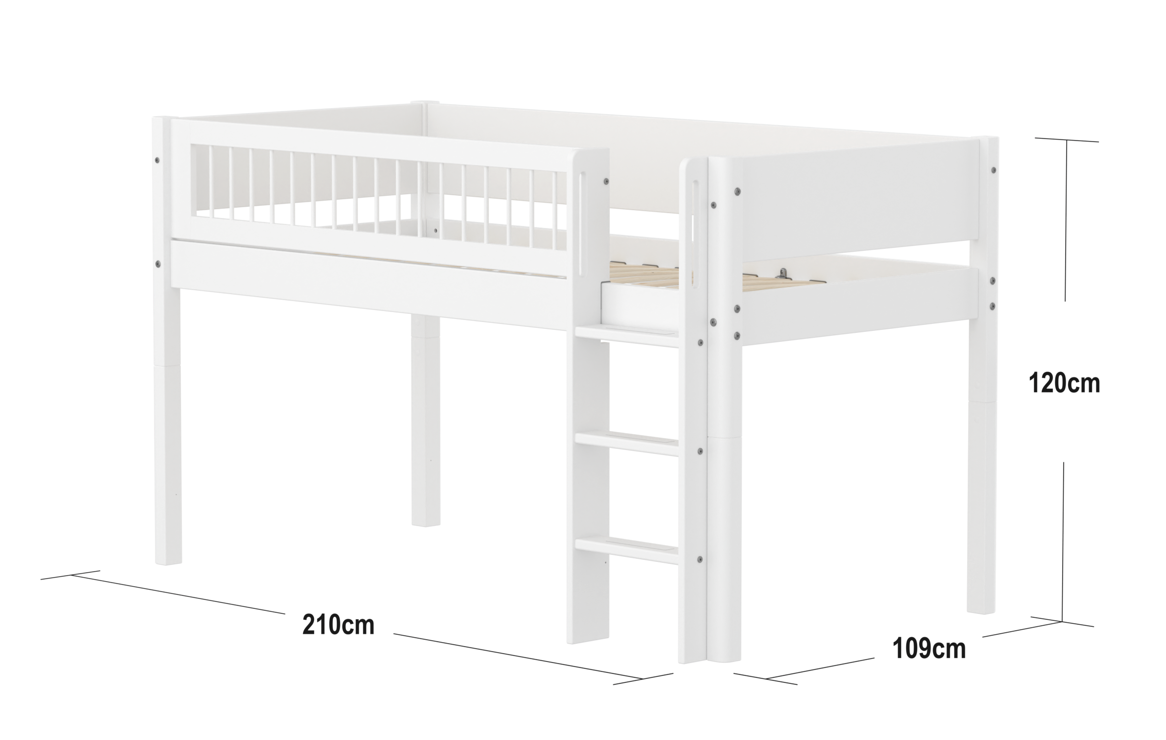 FLEXA WHITE Halvhøj seng 120 cm med stige og crossbar sengehest 90x200 cm - Hvid