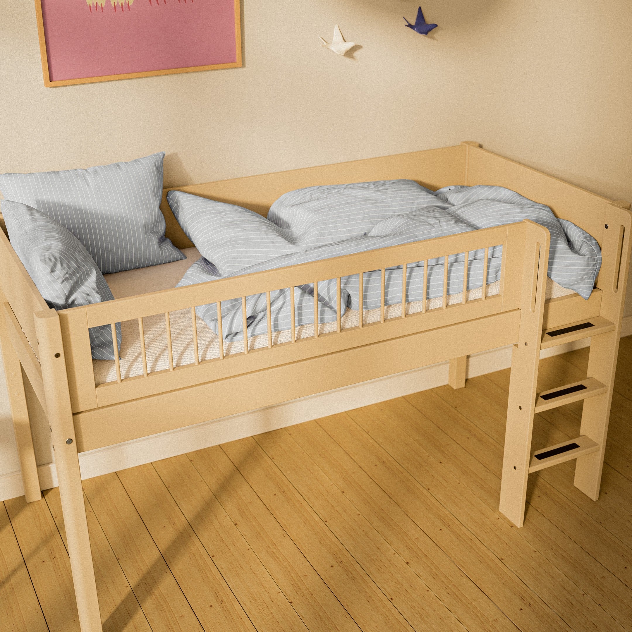 FLEXA WHITE Halvhøj seng 120 cm med stige og crossbar sengehest 90x200 cm - Sand