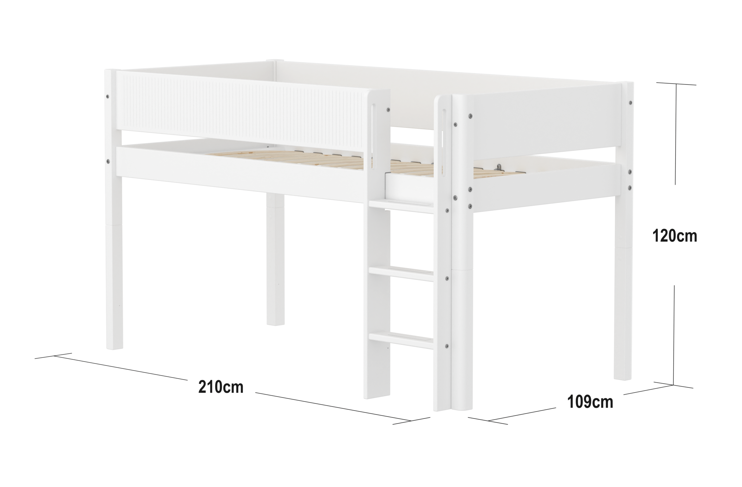 FLEXA WHITE Halvhøj seng 120 cm med stige og grooves sengehest 90x200 cm - Hvid