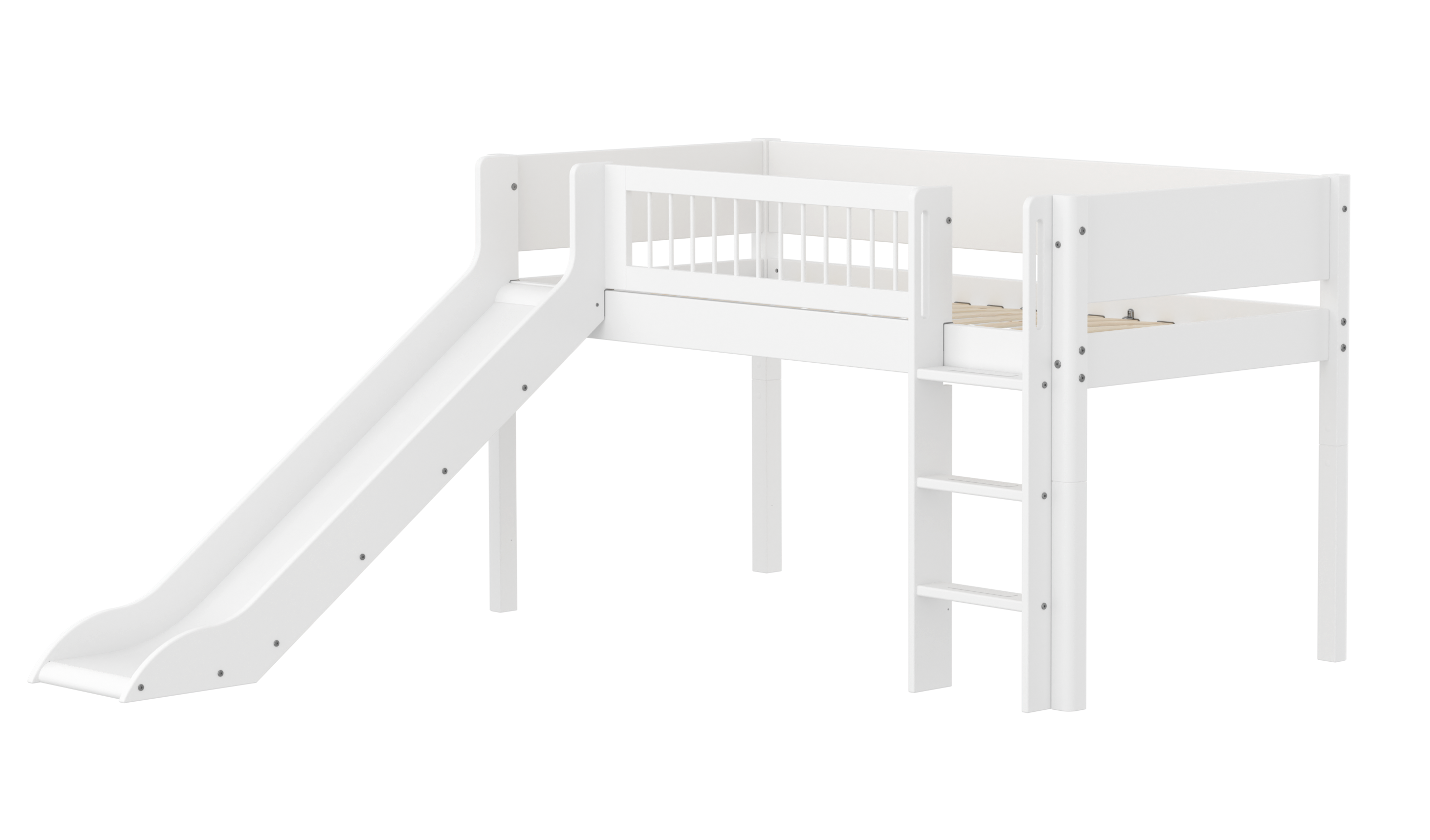 FLEXA WHITE Halvhøj seng 120 cm med rutchebane, stige og crossbar sengehest 90x200 cm - Hvid