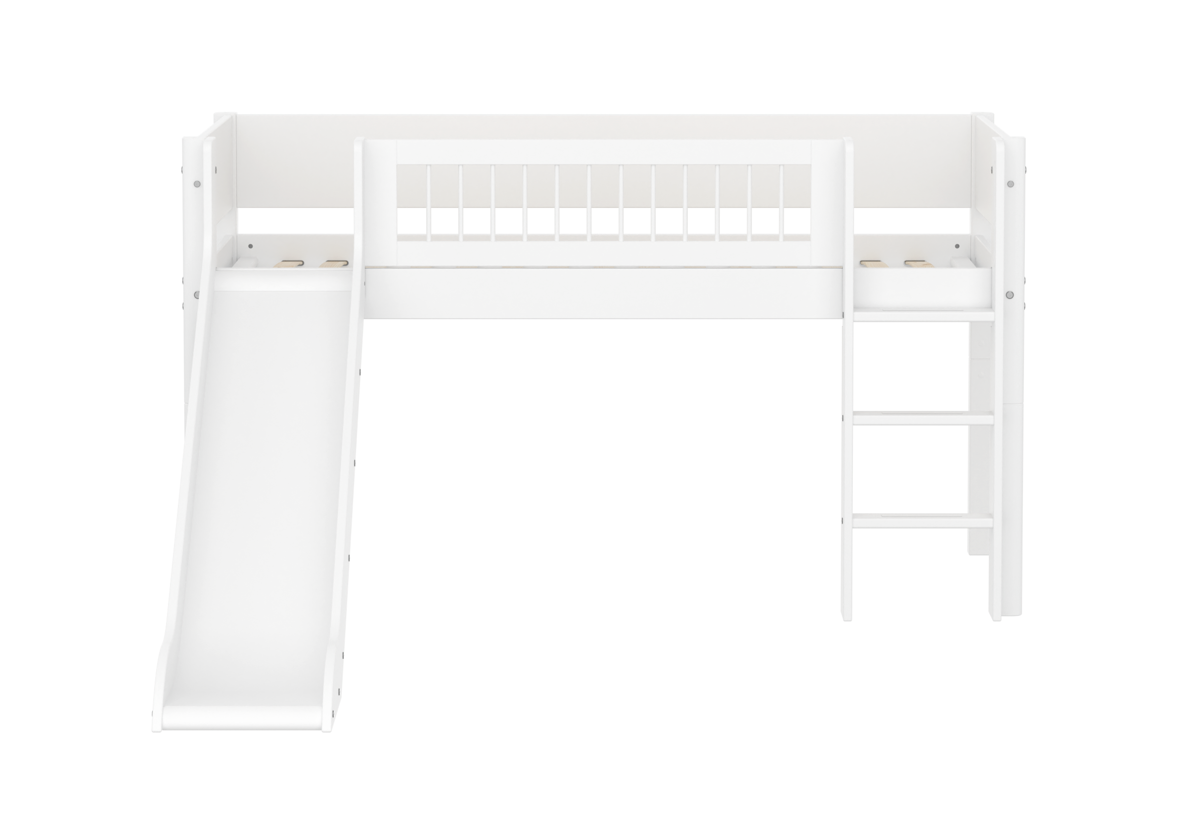FLEXA WHITE Halvhøj seng 120 cm med rutchebane, stige og crossbar sengehest 90x200 cm - Hvid