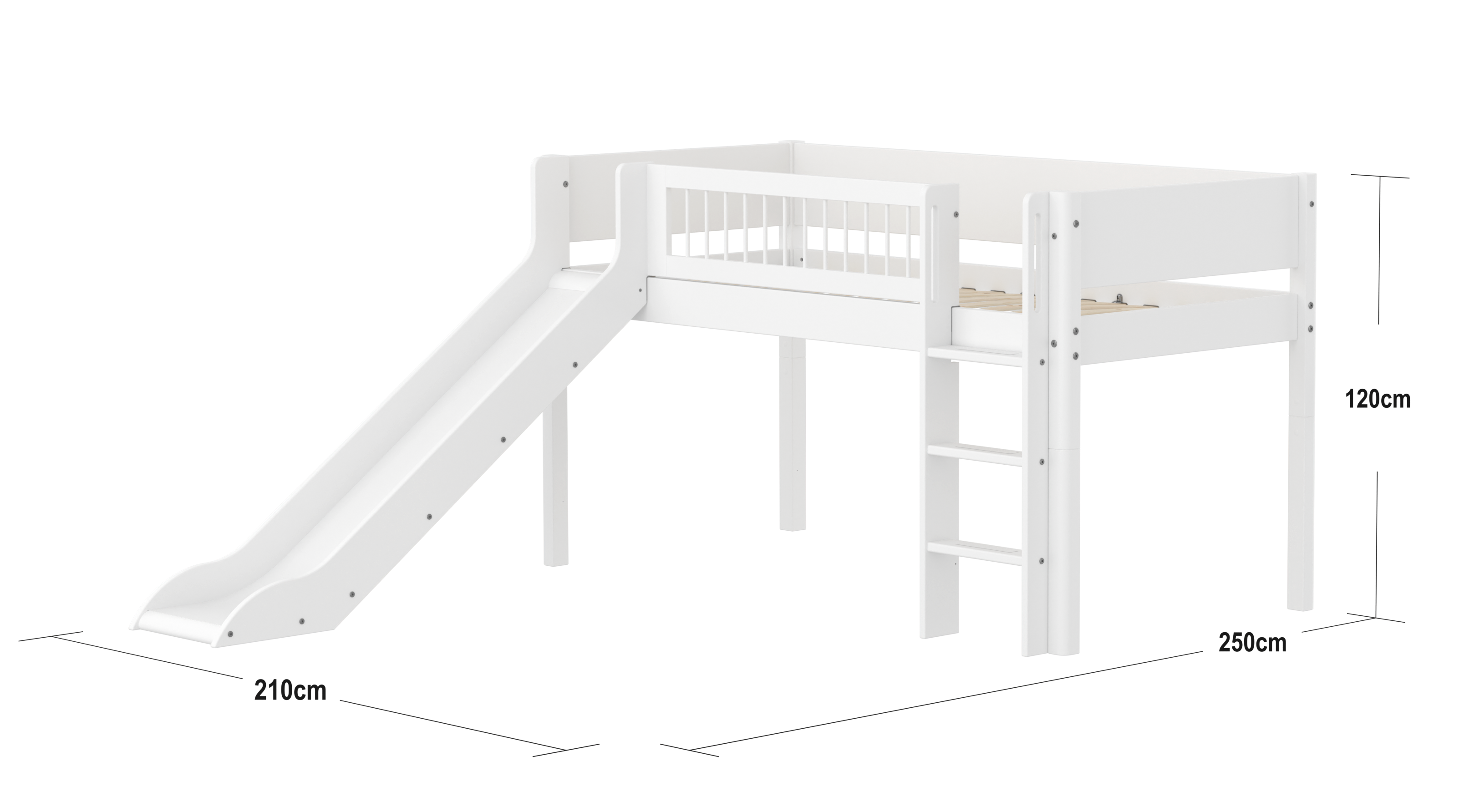 FLEXA WHITE Halvhøj seng 120 cm med rutchebane, stige og crossbar sengehest 90x200 cm - Hvid