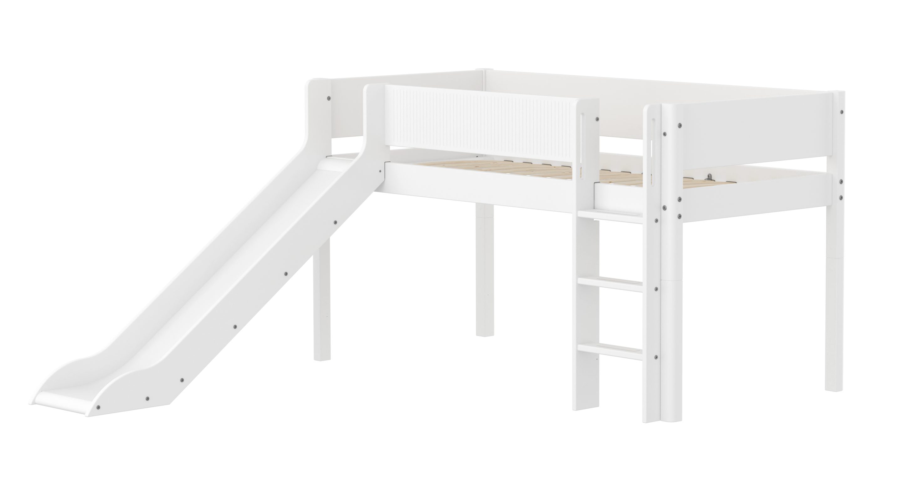 FLEXA WHITE Halvhøj seng 120 cm med rutchebane, stige og grooves sengehest 90x200 cm - Hvid