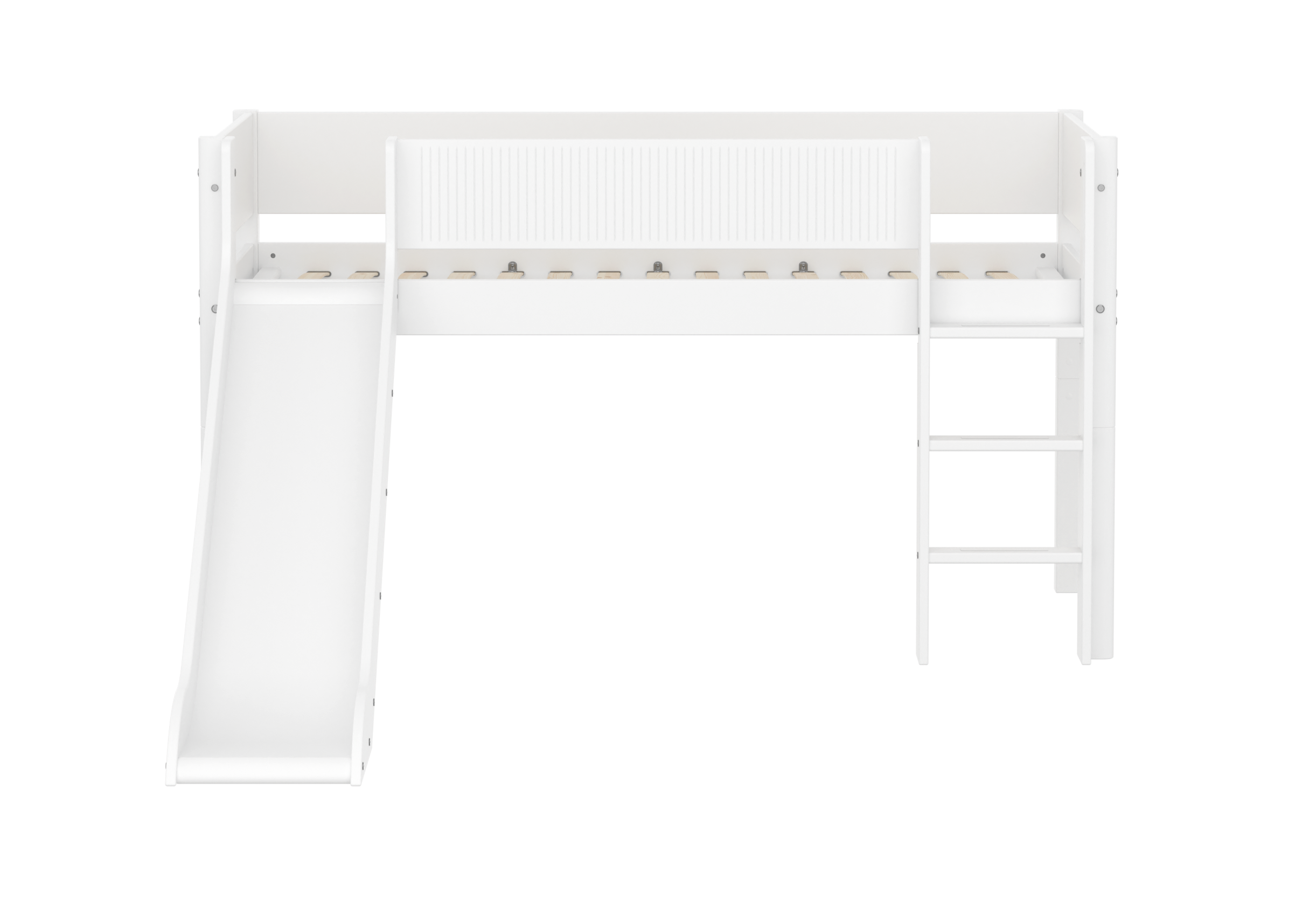 FLEXA WHITE Halvhøj seng 120 cm med rutchebane, stige og grooves sengehest 90x200 cm - Hvid