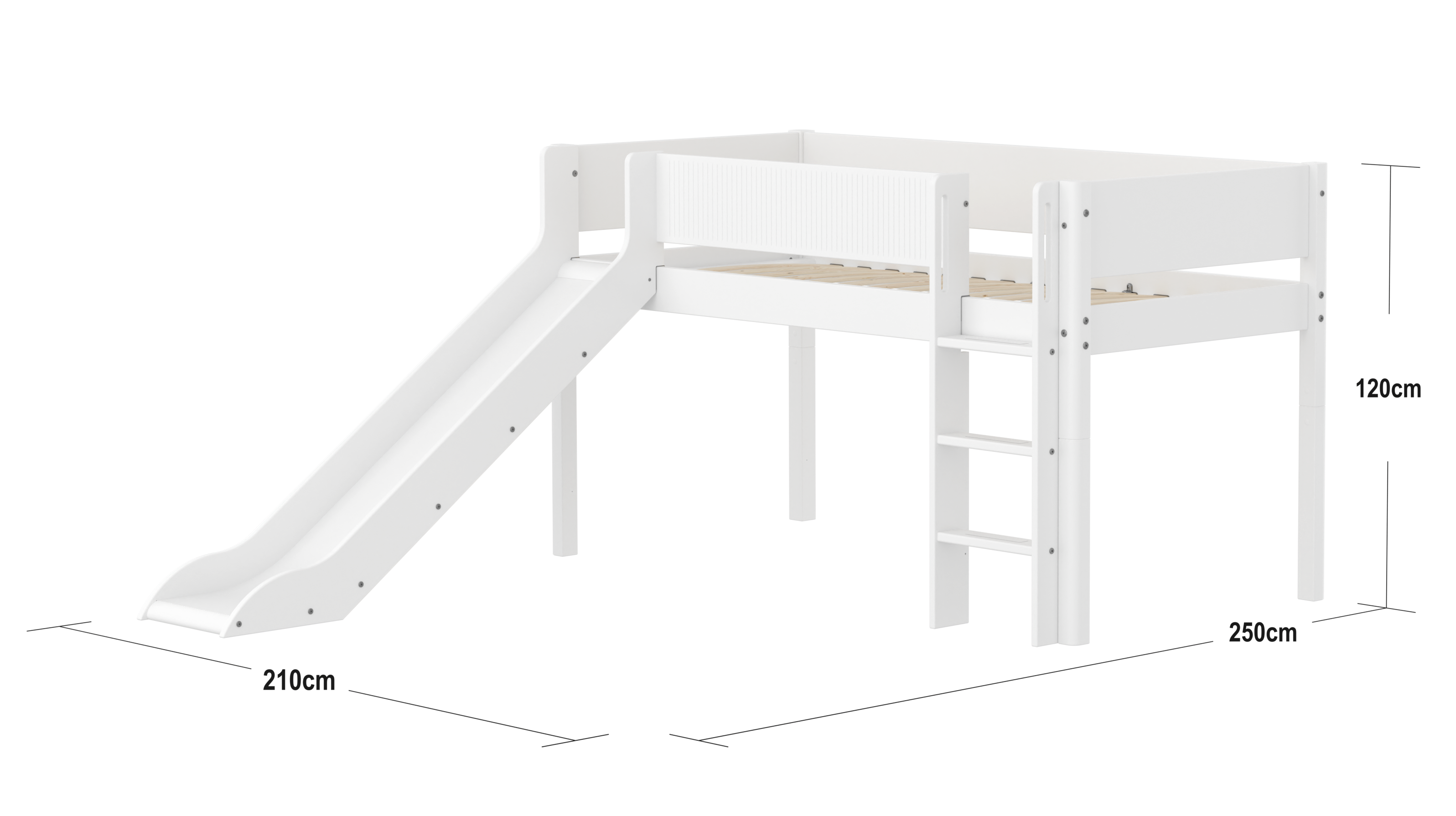 FLEXA WHITE Halvhøj seng 120 cm med rutchebane, stige og grooves sengehest 90x200 cm - Hvid