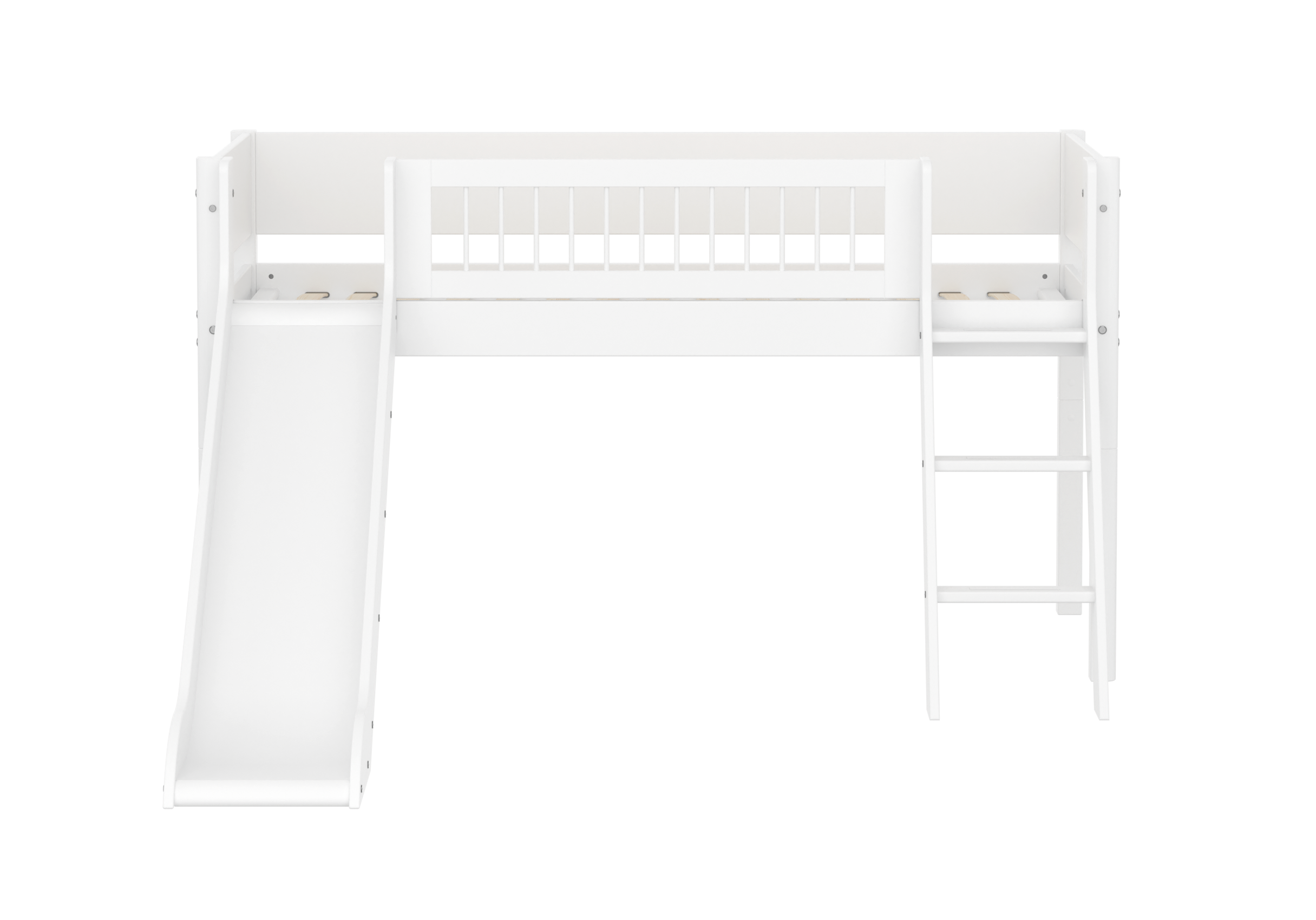 FLEXA WHITE Halvhøj seng 120 cm med rutchebane, skrå stige og crossbar sengehest 90x200 cm - Hvid
