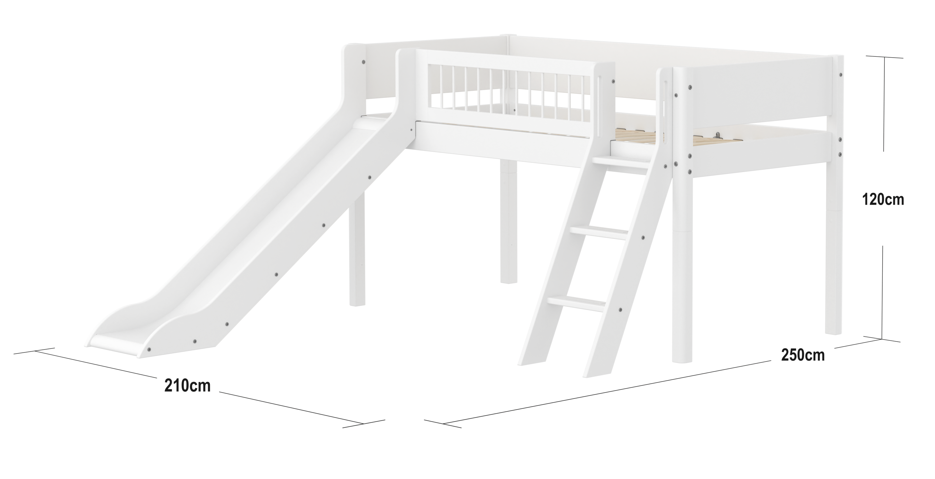 FLEXA WHITE Halvhøj seng 120 cm med rutchebane, skrå stige og crossbar sengehest 90x200 cm - Hvid