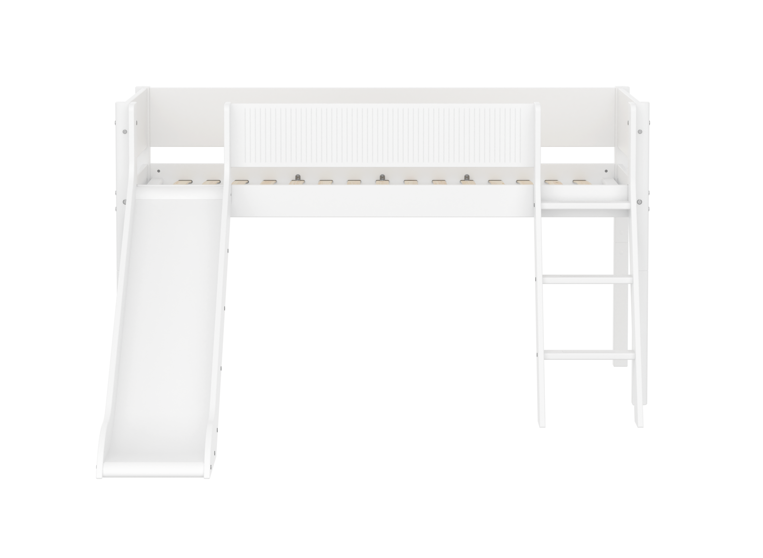 FLEXA WHITE Halvhøj seng 120 cm med rutchebane, skrå stige og grooves sengehest 90x200 cm - Hvid
