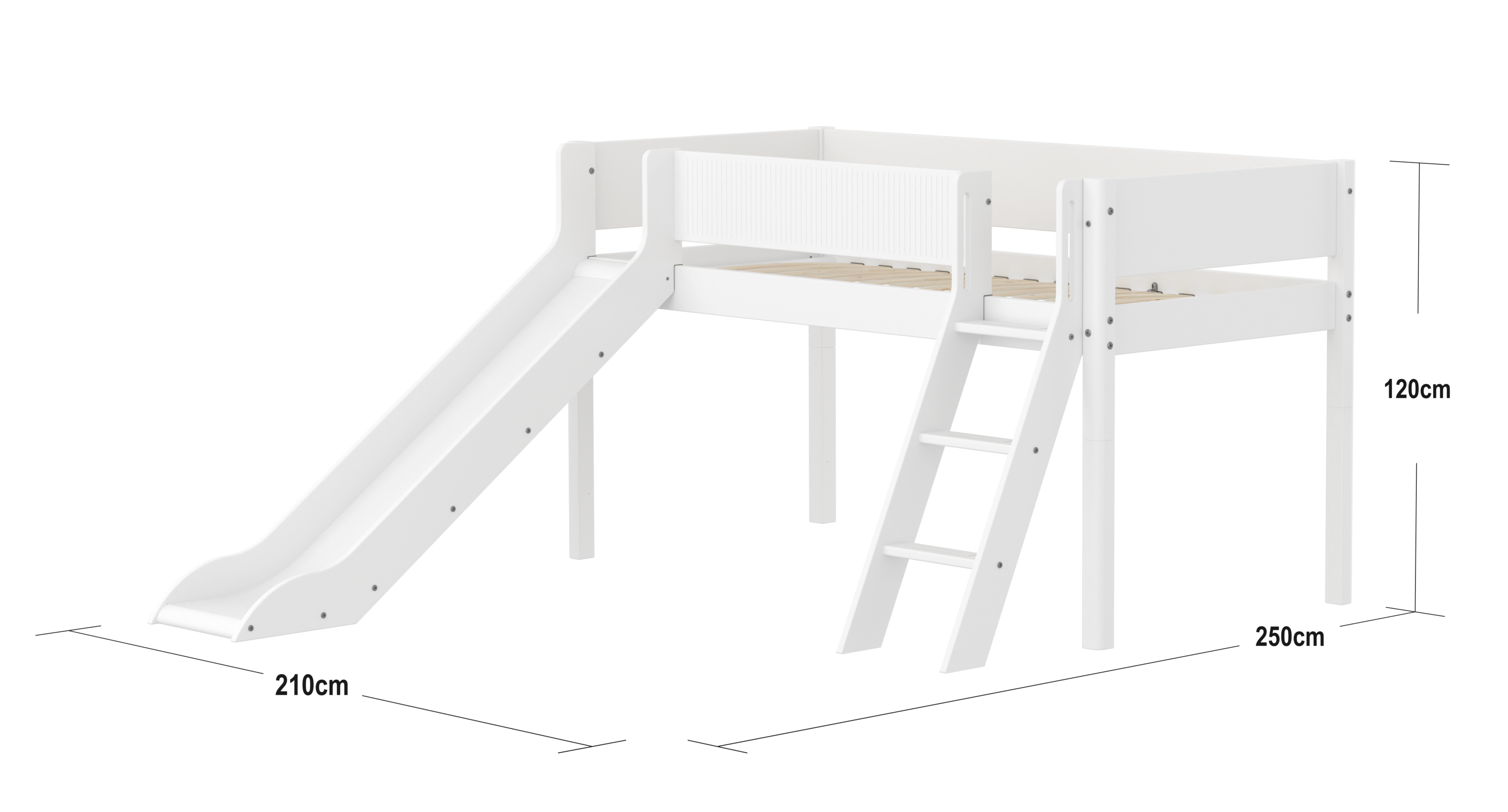 FLEXA WHITE Halvhøj seng 120 cm med rutchebane, skrå stige og grooves sengehest 90x200 cm - Hvid