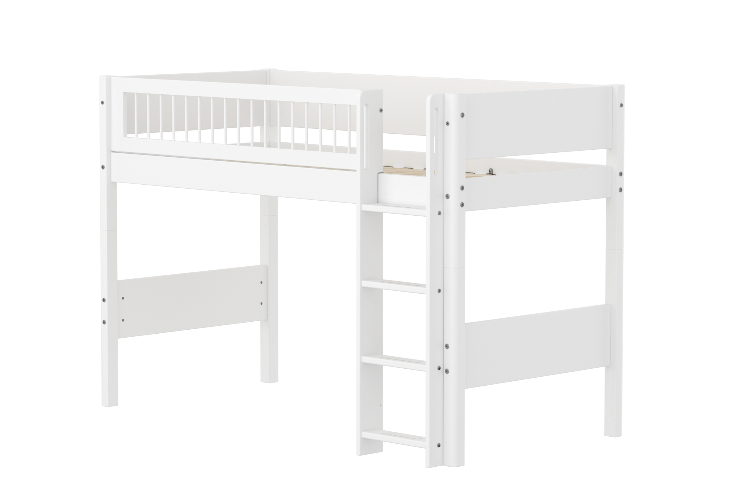 FLEXA WHITE Mellemhøj seng 143 cm med stige og crossbar sengehest 90x200 cm- Hvid