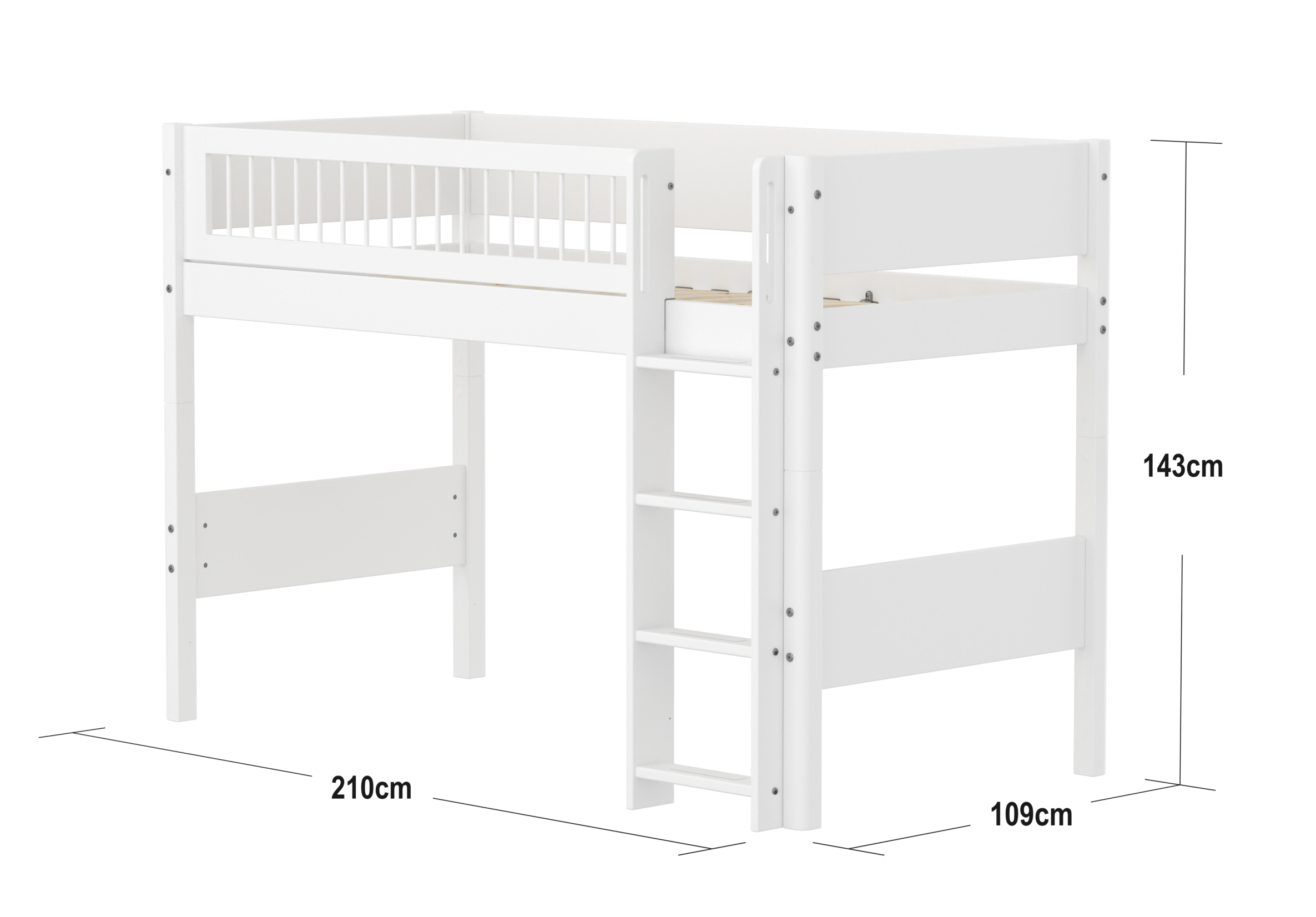 FLEXA WHITE Mellemhøj seng 143 cm med stige og crossbar sengehest 90x200 cm- Hvid