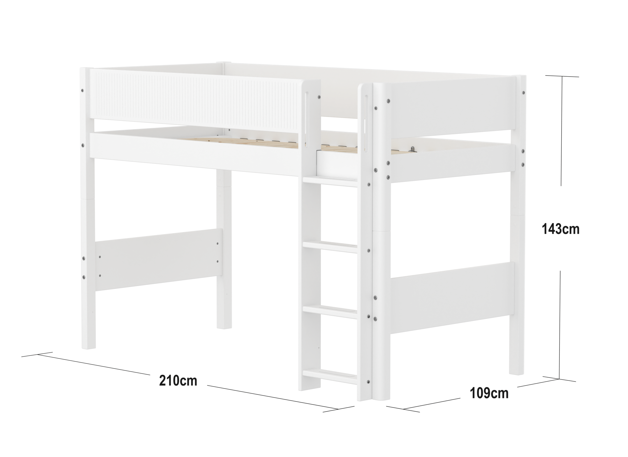 FLEXA WHITE Mellemhøj seng 143 cm med stige og grooves sengehest 90x200 cm- Hvid