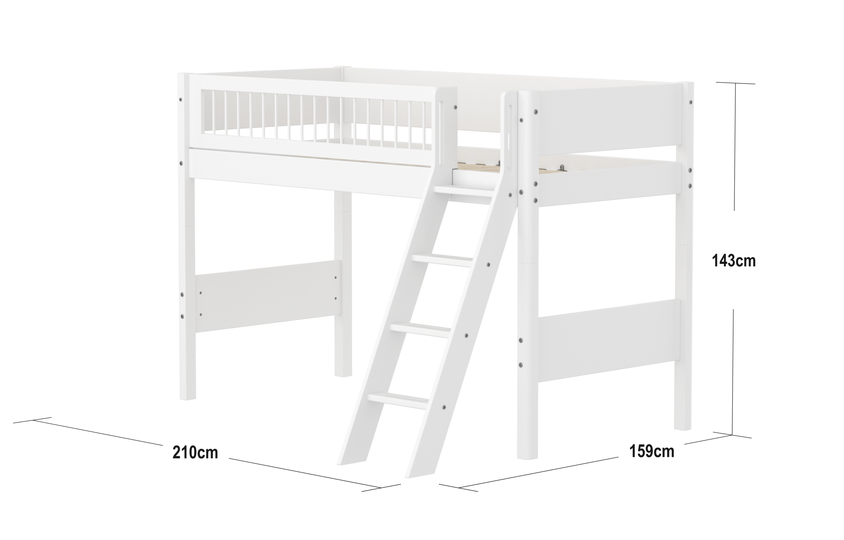 FLEXA WHITE Mellemhøj seng 143 cm med skrå stige og crossbar sengehest 90x200 cm- Hvid