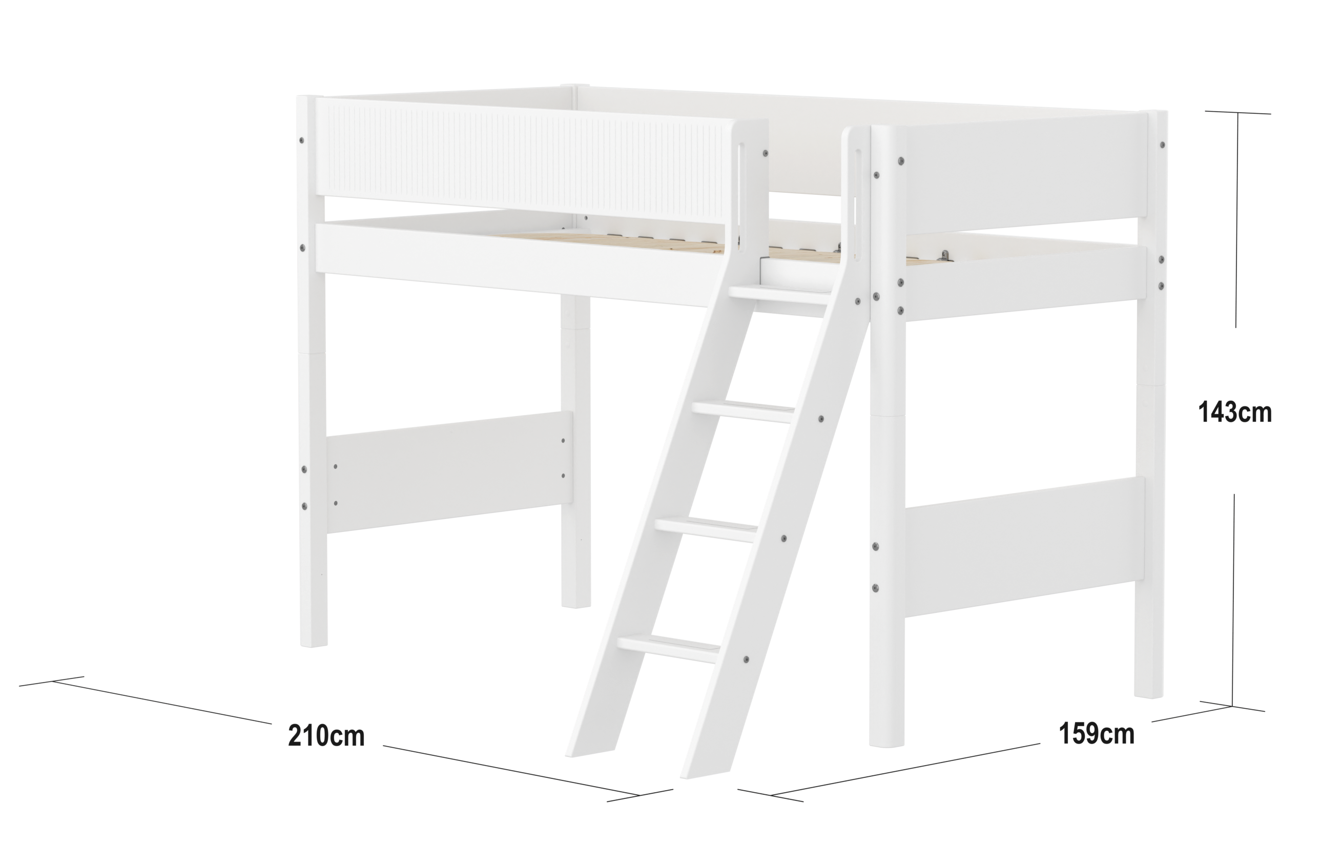 FLEXA WHITE Mellemhøj seng 143 cm med skrå stige og grooves sengehest 90x200 cm- Hvid
