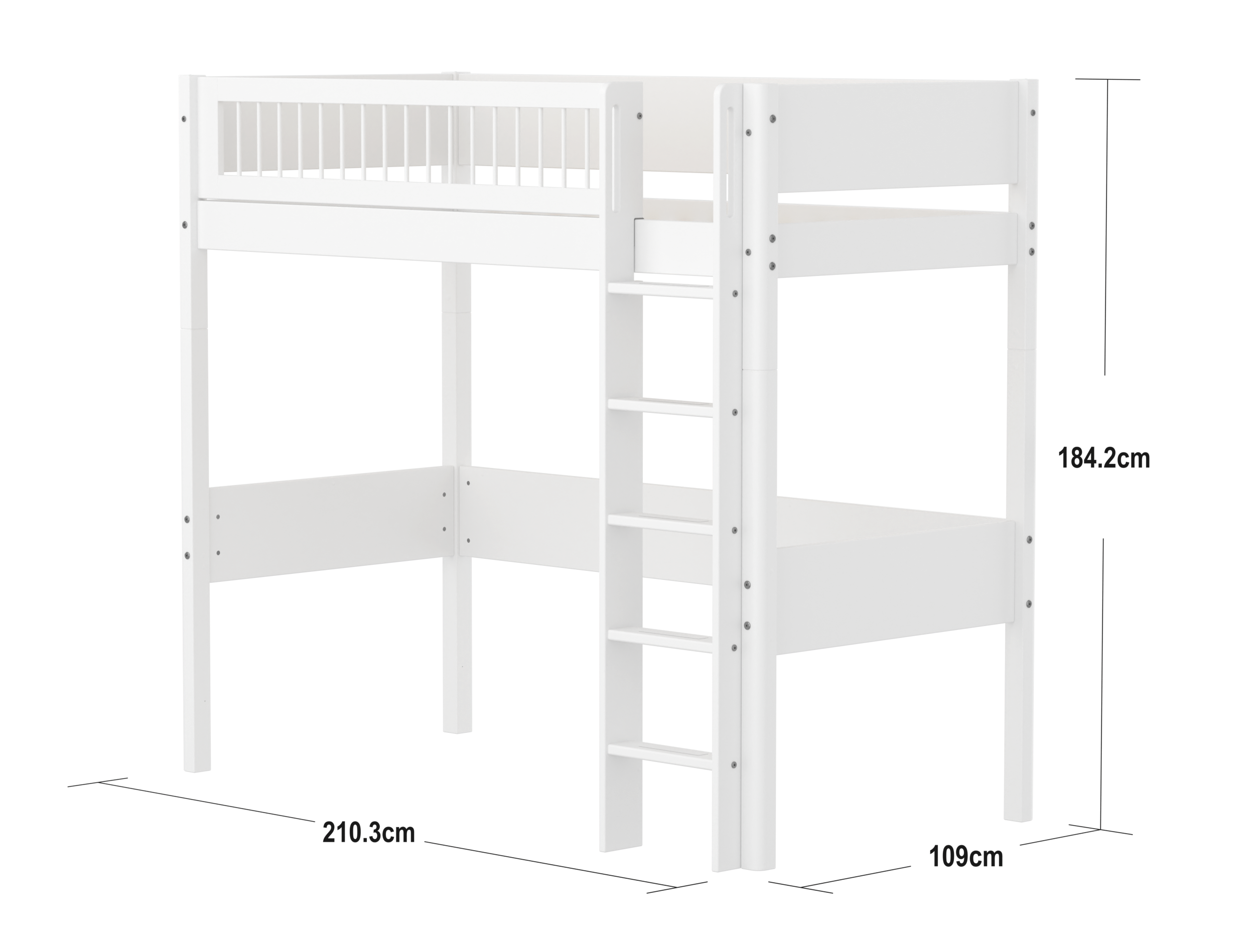 FLEXA WHITE Højseng  184 cm med stige og crossbar sengehest  90x200 cm- Hvid