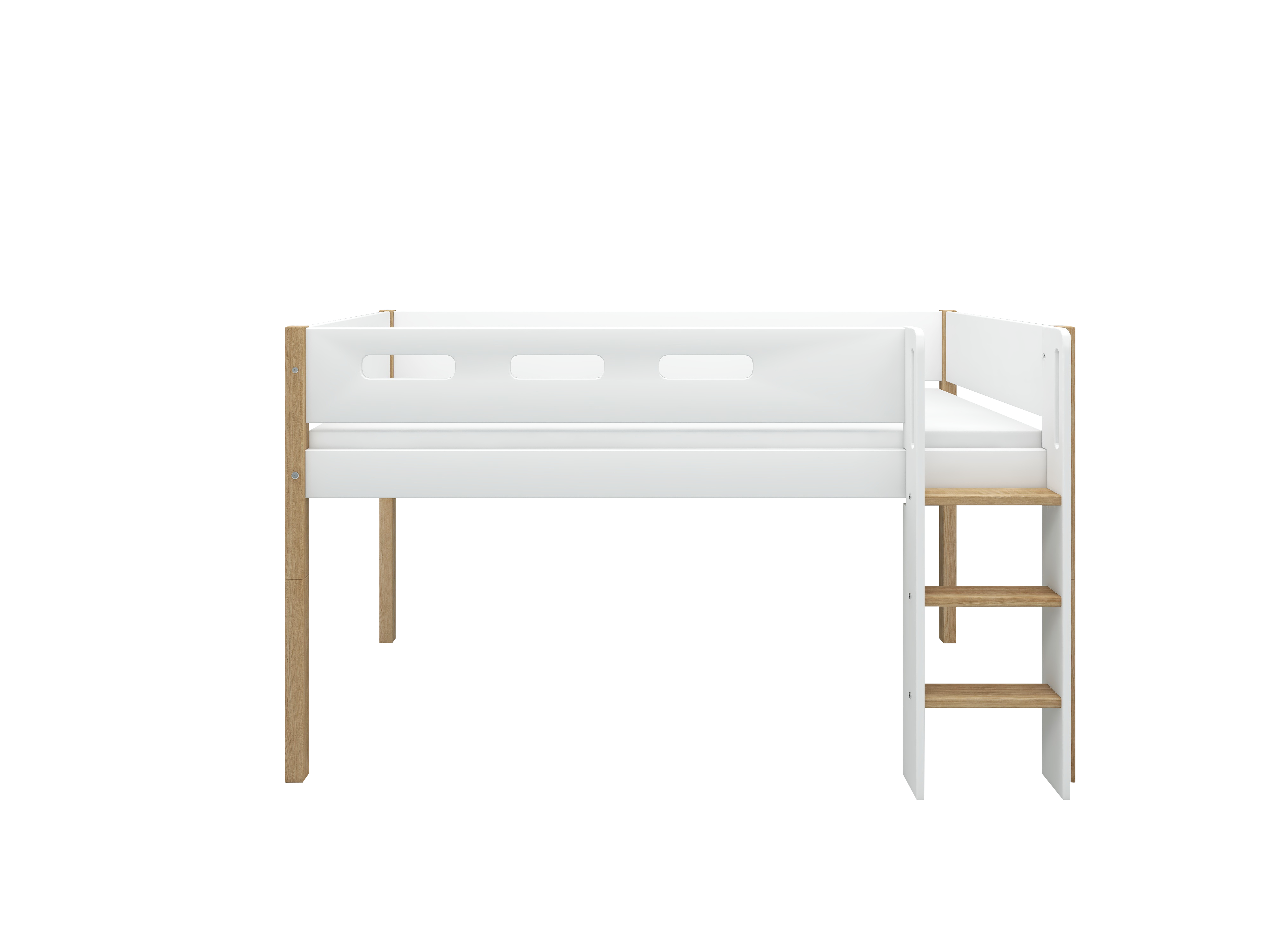 FLEXA NOR Halvhøj seng 120 cm med stige og cut out sengehest 90x200 cm - Hvid/eg