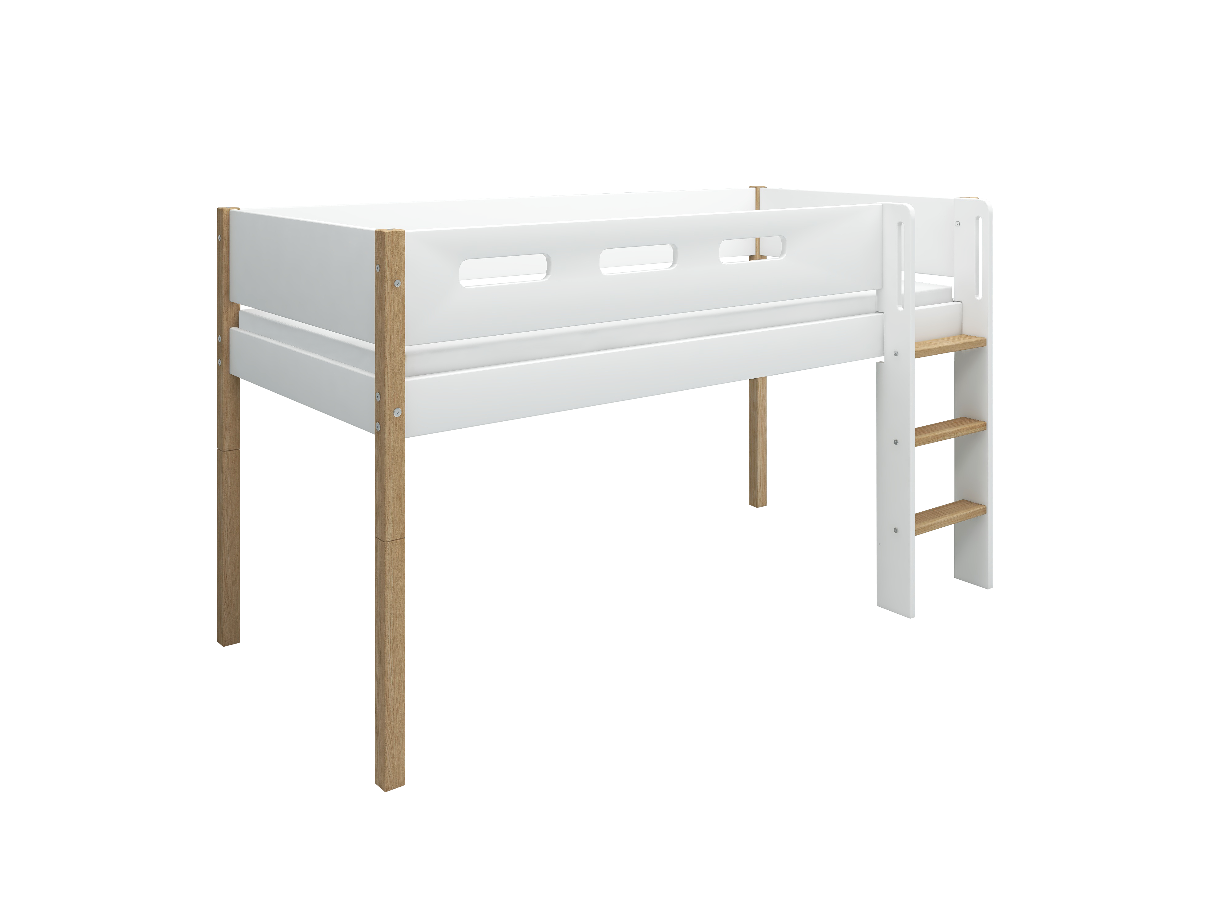 FLEXA NOR Halvhøj seng 120 cm med stige og cut out sengehest 90x200 cm - Hvid/eg