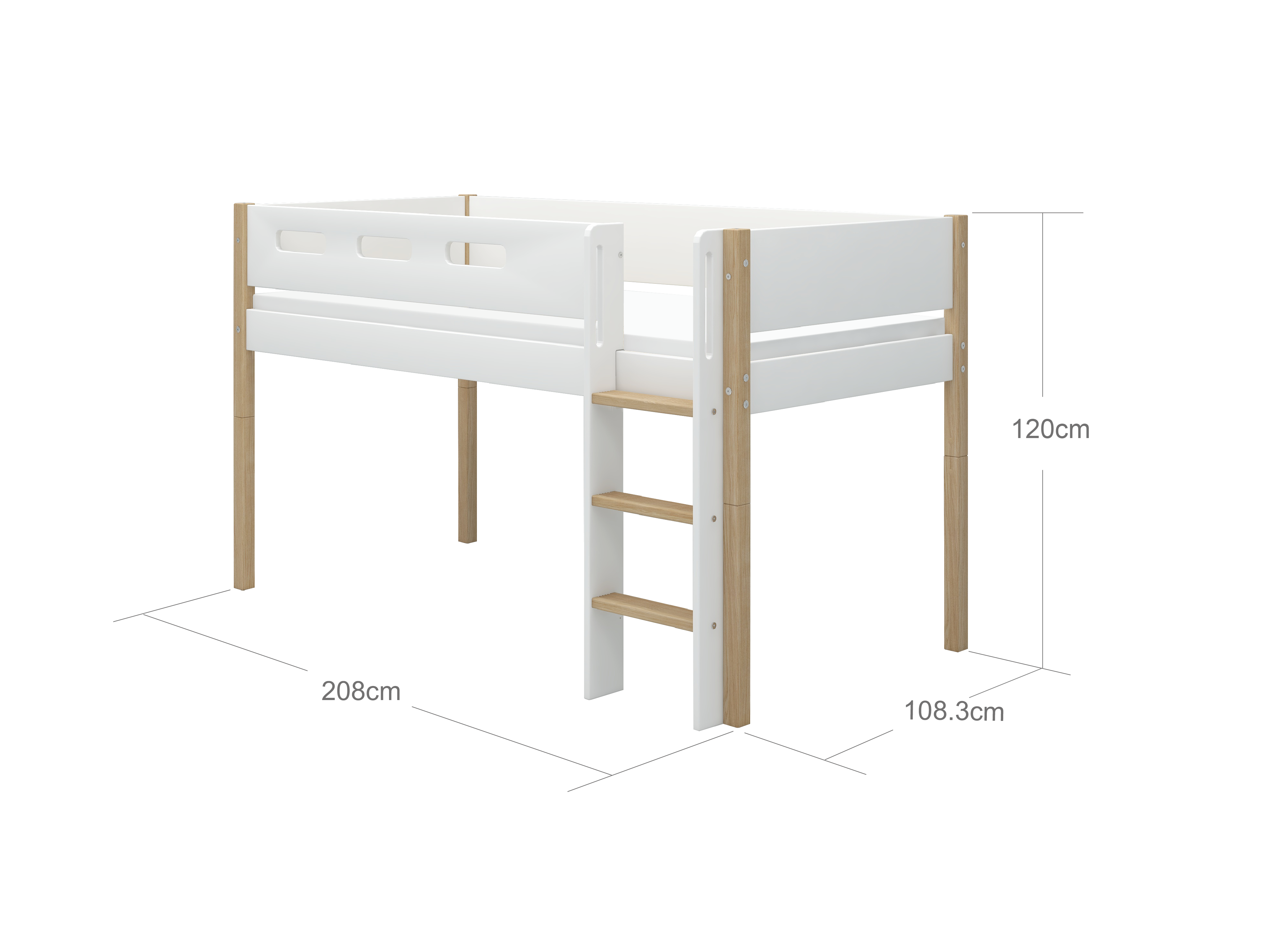 FLEXA NOR Halvhøj seng 120 cm med stige og cut out sengehest 90x200 cm - Hvid/eg