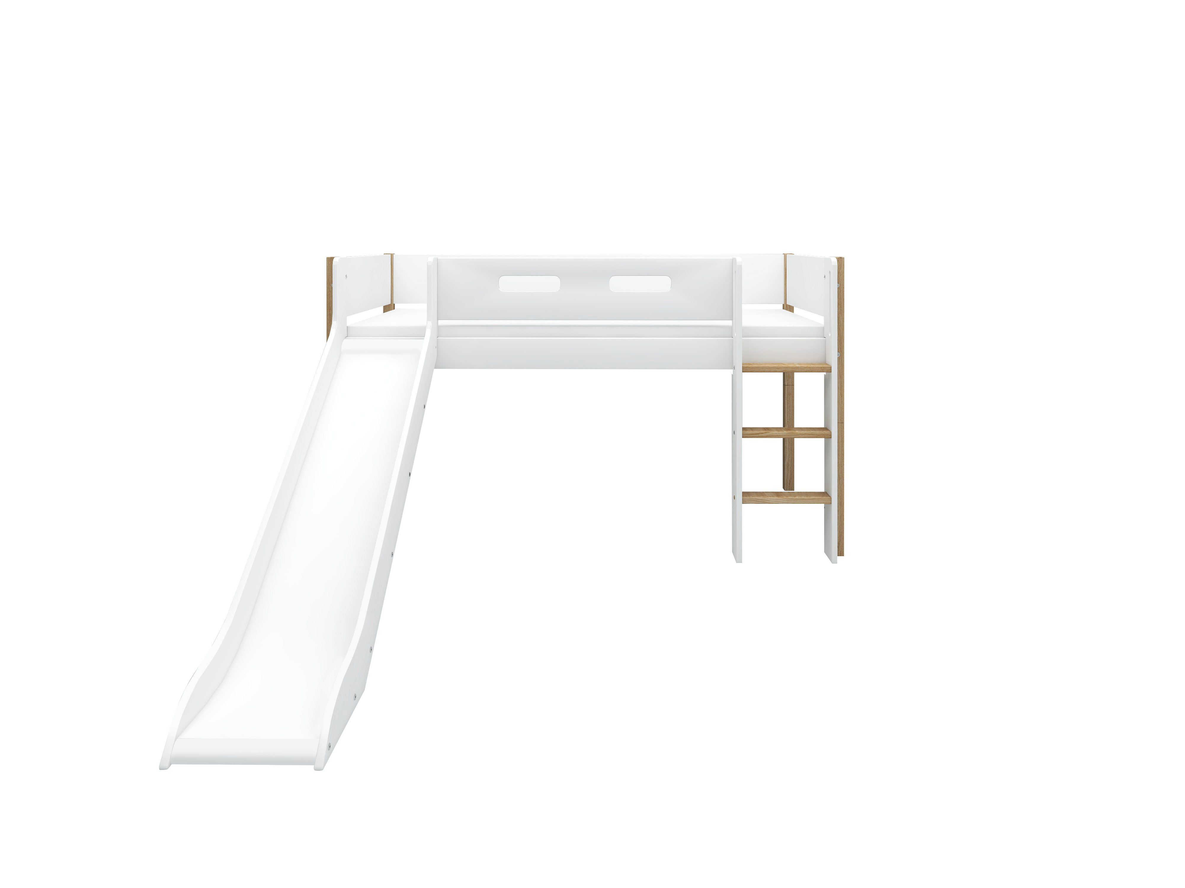 FLEXA NOR Halvhøj seng 120 cm med rutchebane, stige og cut out sengehest 90x200 cm - Hvid/eg