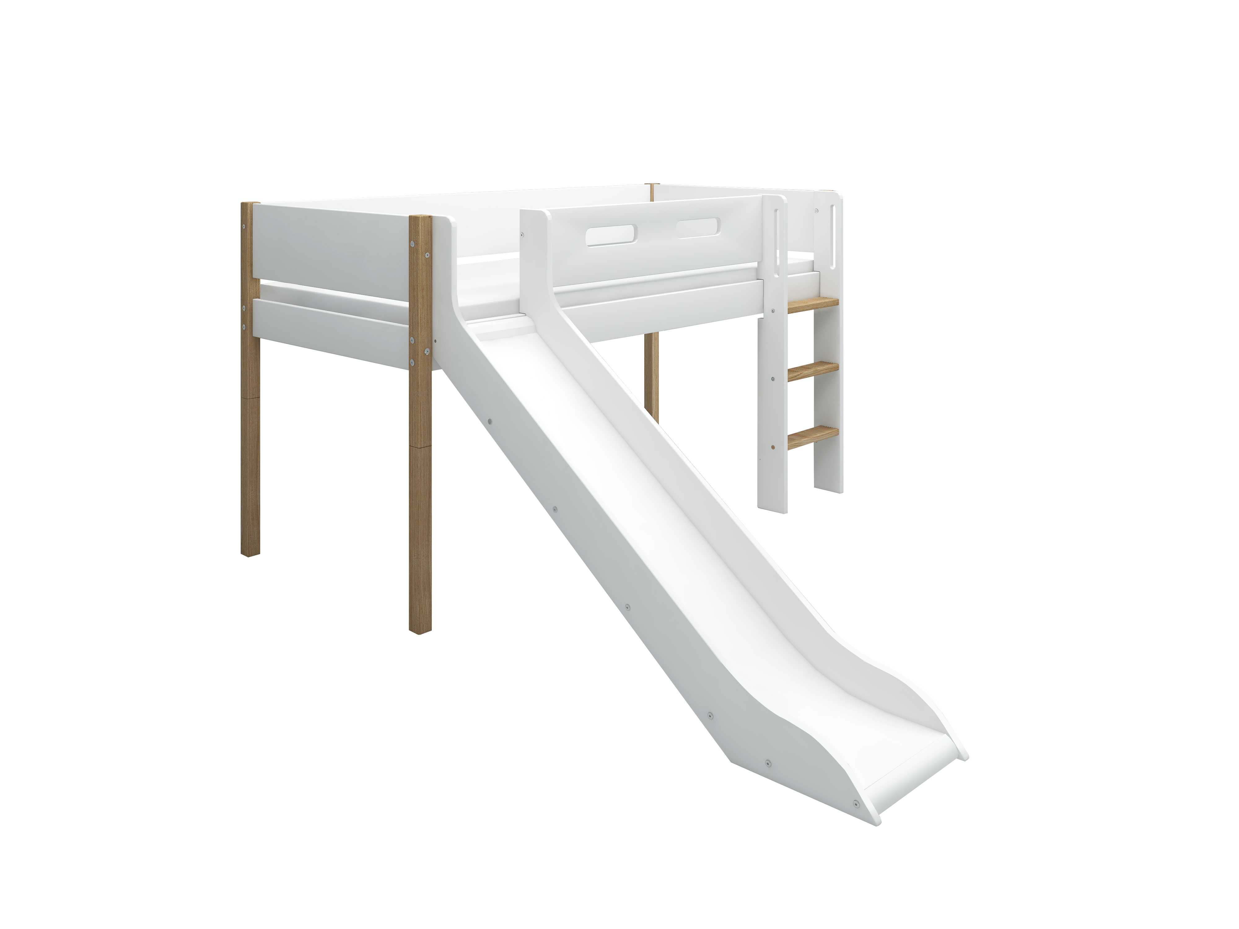 FLEXA NOR Halvhøj seng 120 cm med rutchebane, stige og cut out sengehest 90x200 cm - Hvid/eg