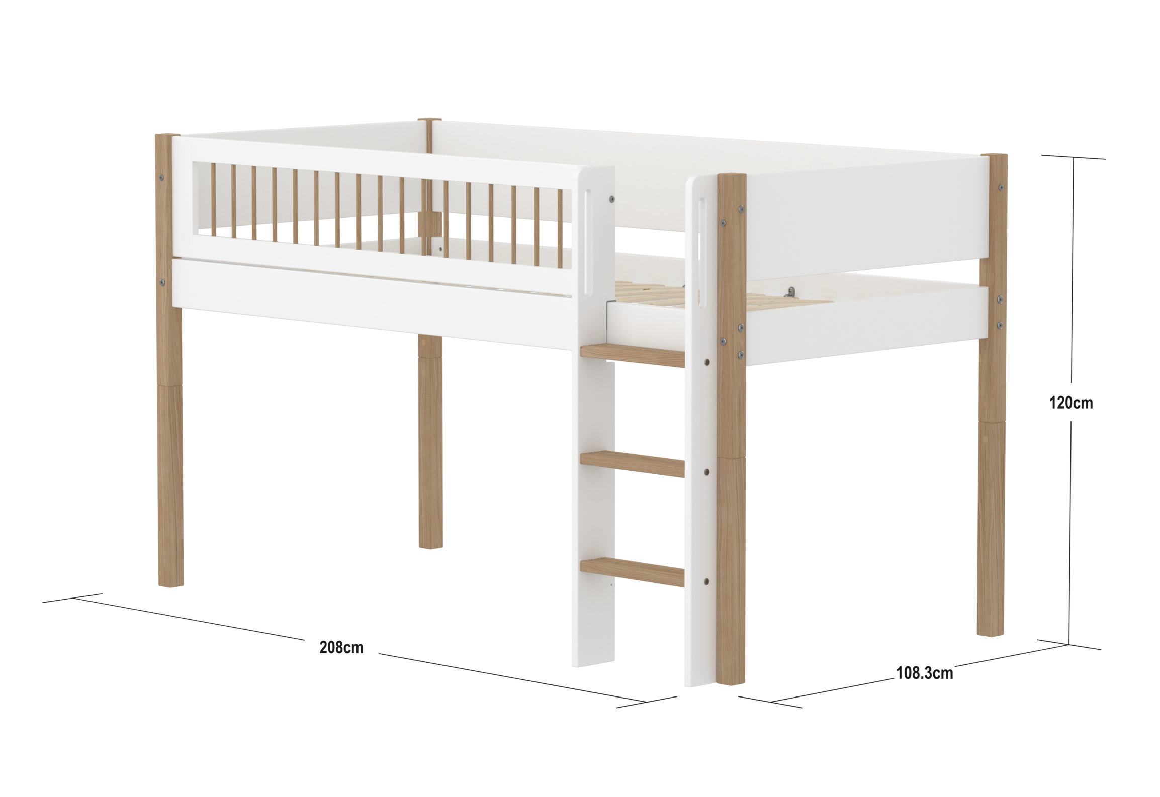 FLEXA NOR Halvhøj seng 120 cm med stige og crossbar sengehest  90x200 cm - Hvid/eg