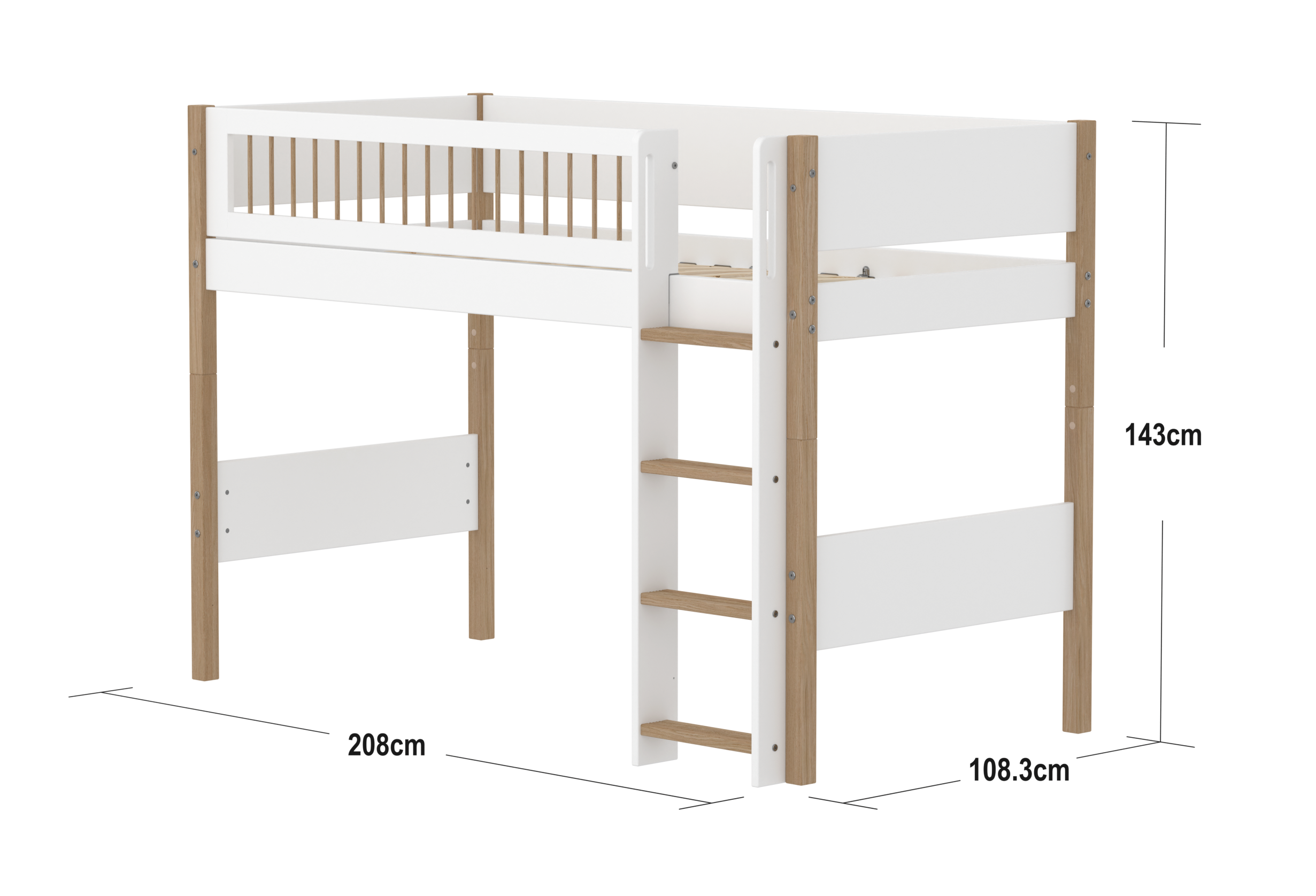 FLEXA NOR Mellemhøj seng 143 cm med stige og crossbar sengehest 90x200 cm - Hvid/eg