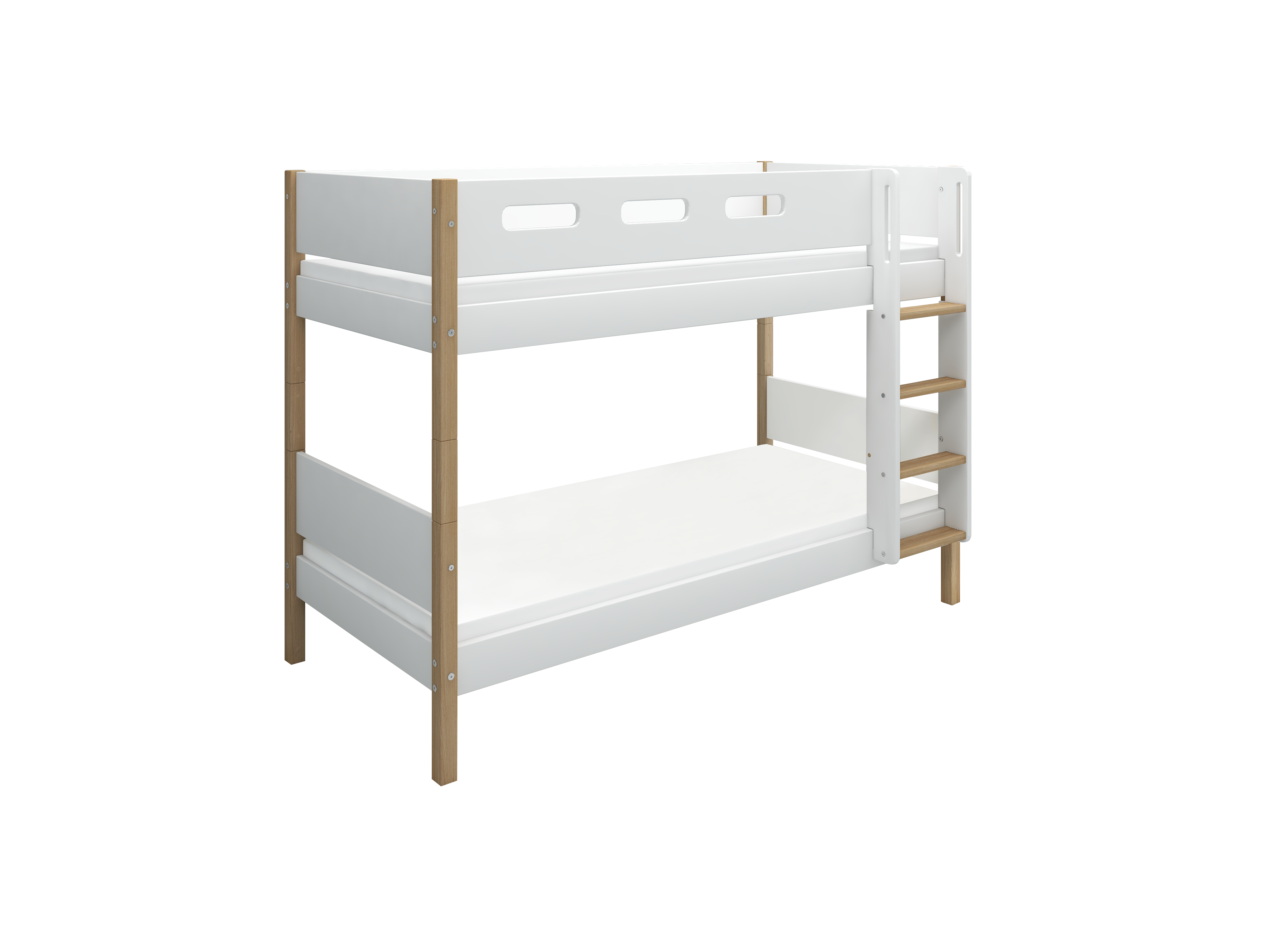 FLEXA NOR Køjeseng 154 cm med stige og cut out sengehest 90x200 cm - Hvid/eg