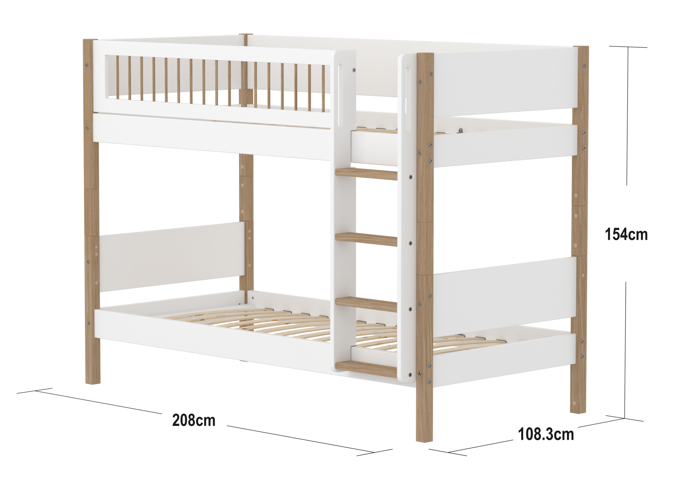 FLEXA NOR Køjeseng 154 cm med stige og crossbar sengehest  90x200 cm - Hvid/eg
