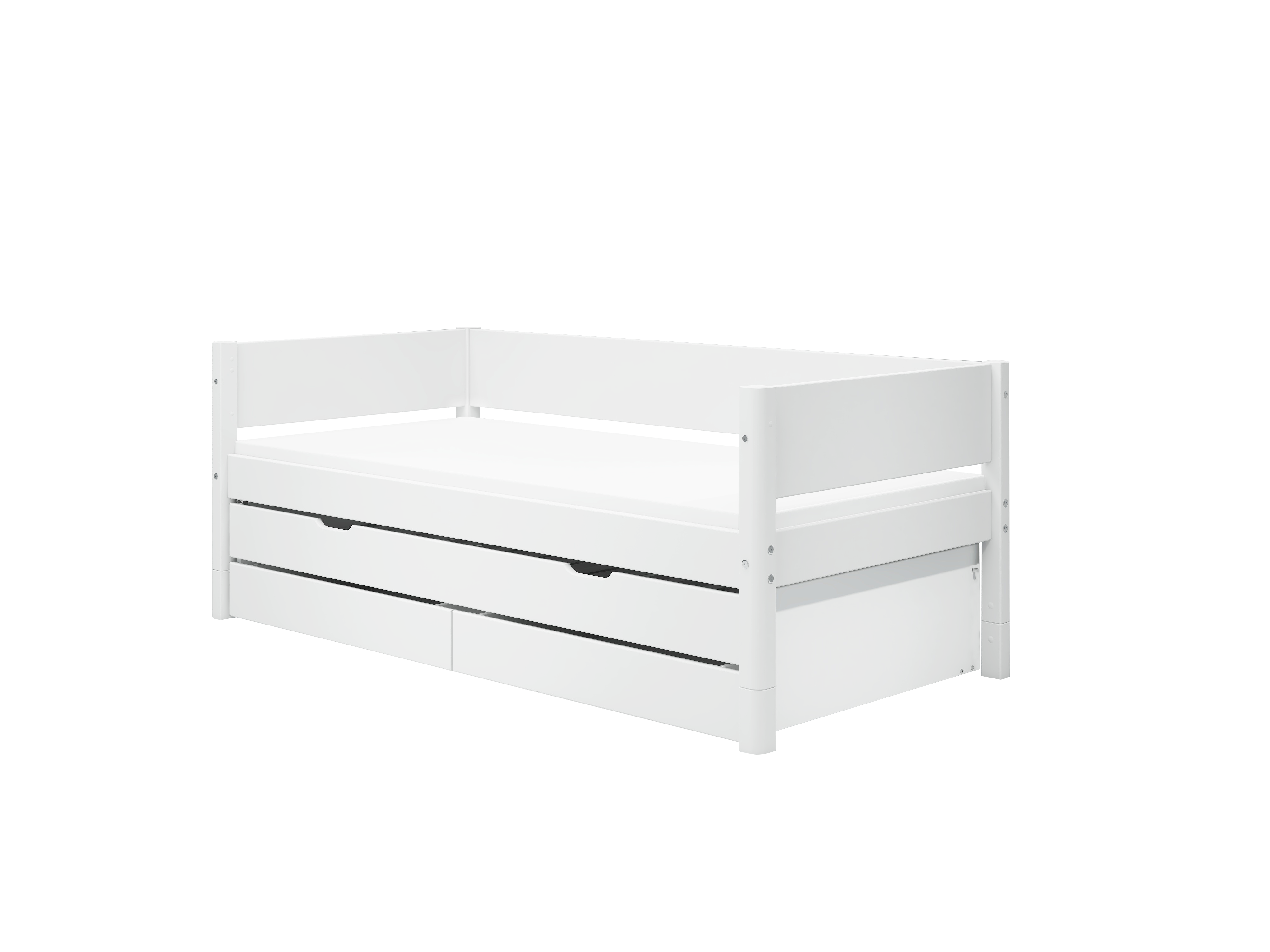 FLEXA WHITE Enkeltseng 90x200 cm m. baggavl incl. 2 skuffer og udtræksseng - Hvid