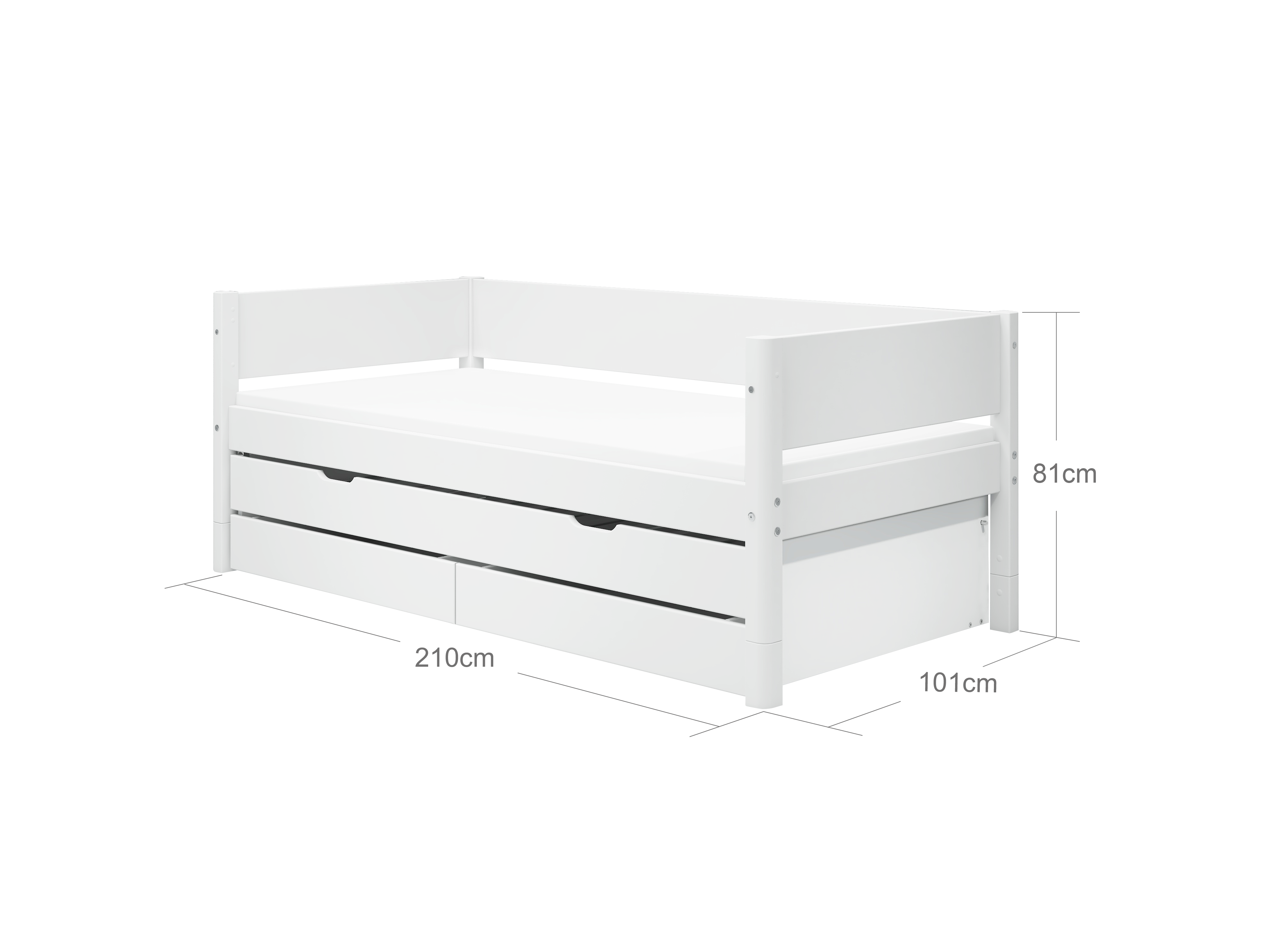 FLEXA WHITE Enkeltseng 90x200 cm m. baggavl incl. 2 skuffer og udtræksseng - Hvid