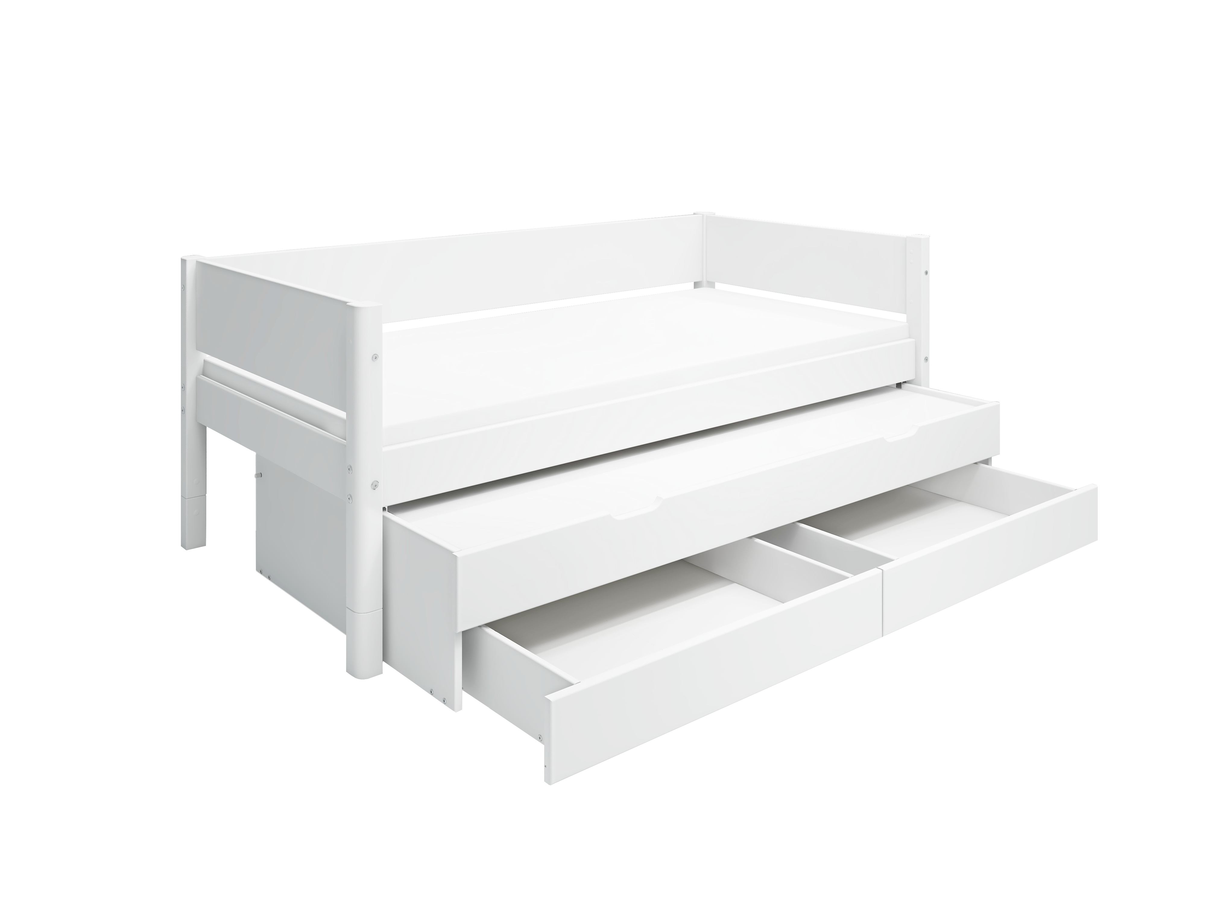 FLEXA WHITE Enkeltseng 90x200 cm m. baggavl incl. 2 skuffer og udtræksseng - Hvid