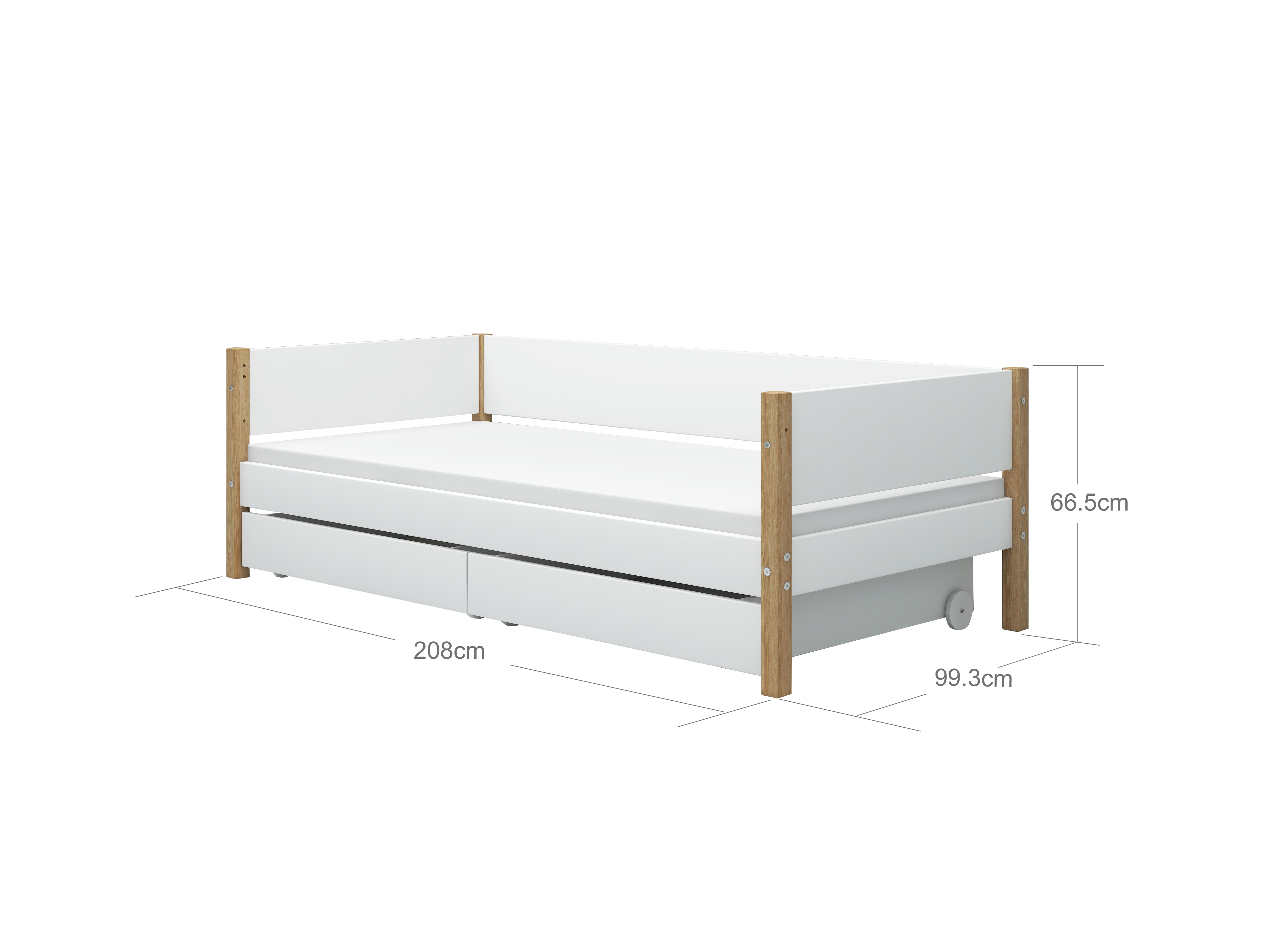 FLEXA NOR Enkeltseng 90x200 cm m. baggavl incl. 2 udtræksskuffer - Hvid/eg