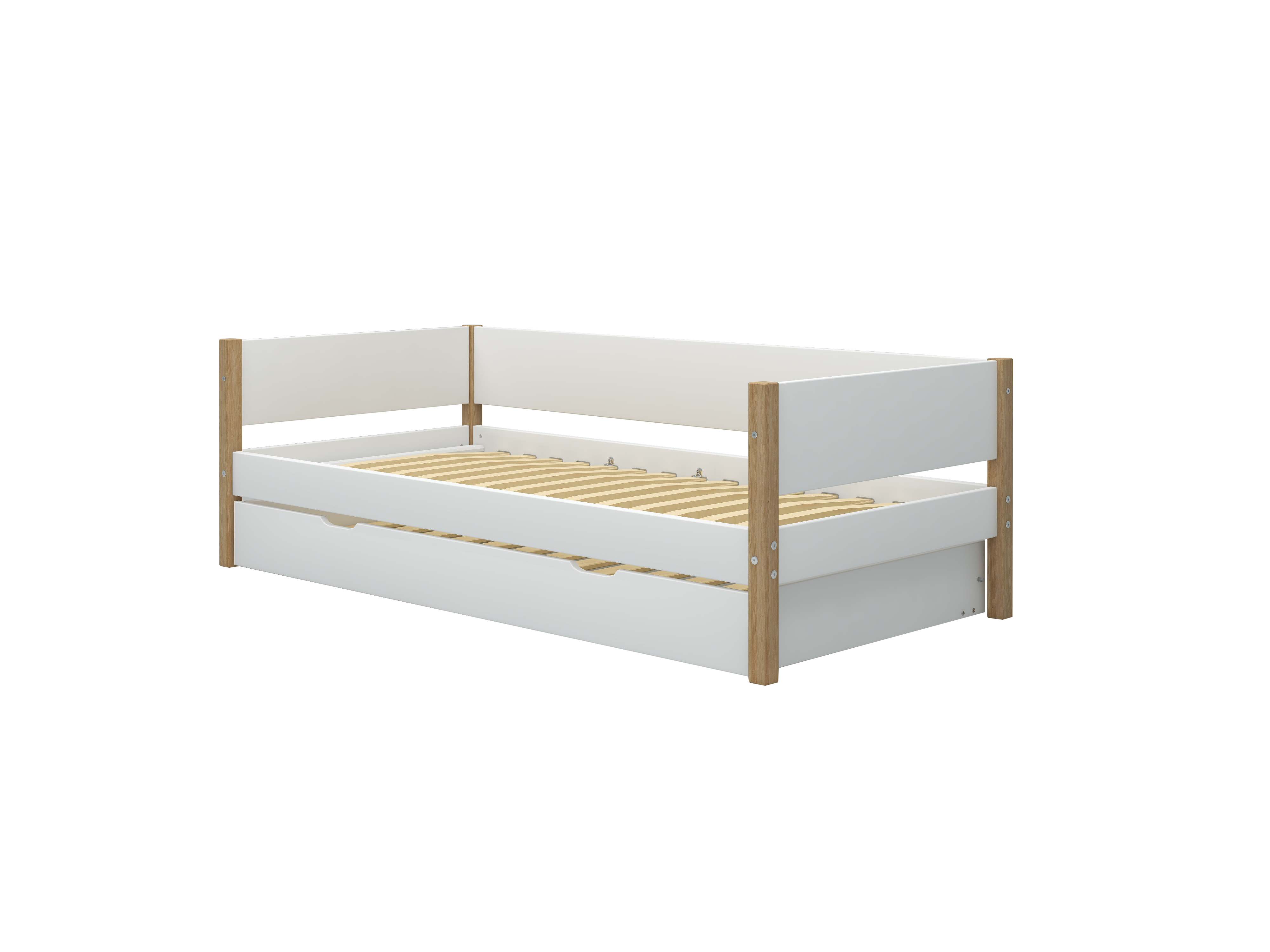 FLEXA NOR Enkeltseng 90x200 cm m. baggavl incl. Udtræksseng - Hvid/eg