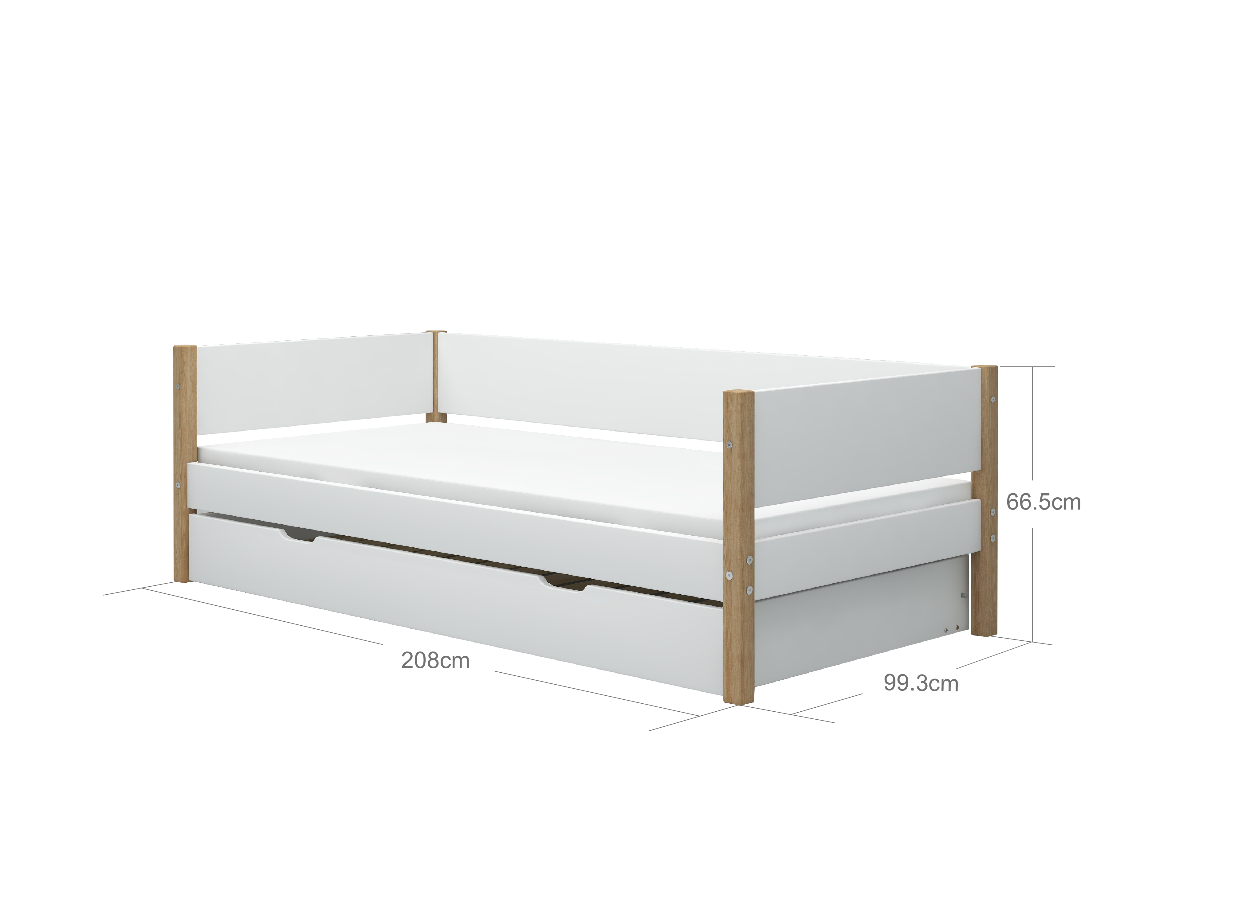 FLEXA NOR Enkeltseng 90x200 cm m. baggavl incl. Udtræksseng - Hvid/eg