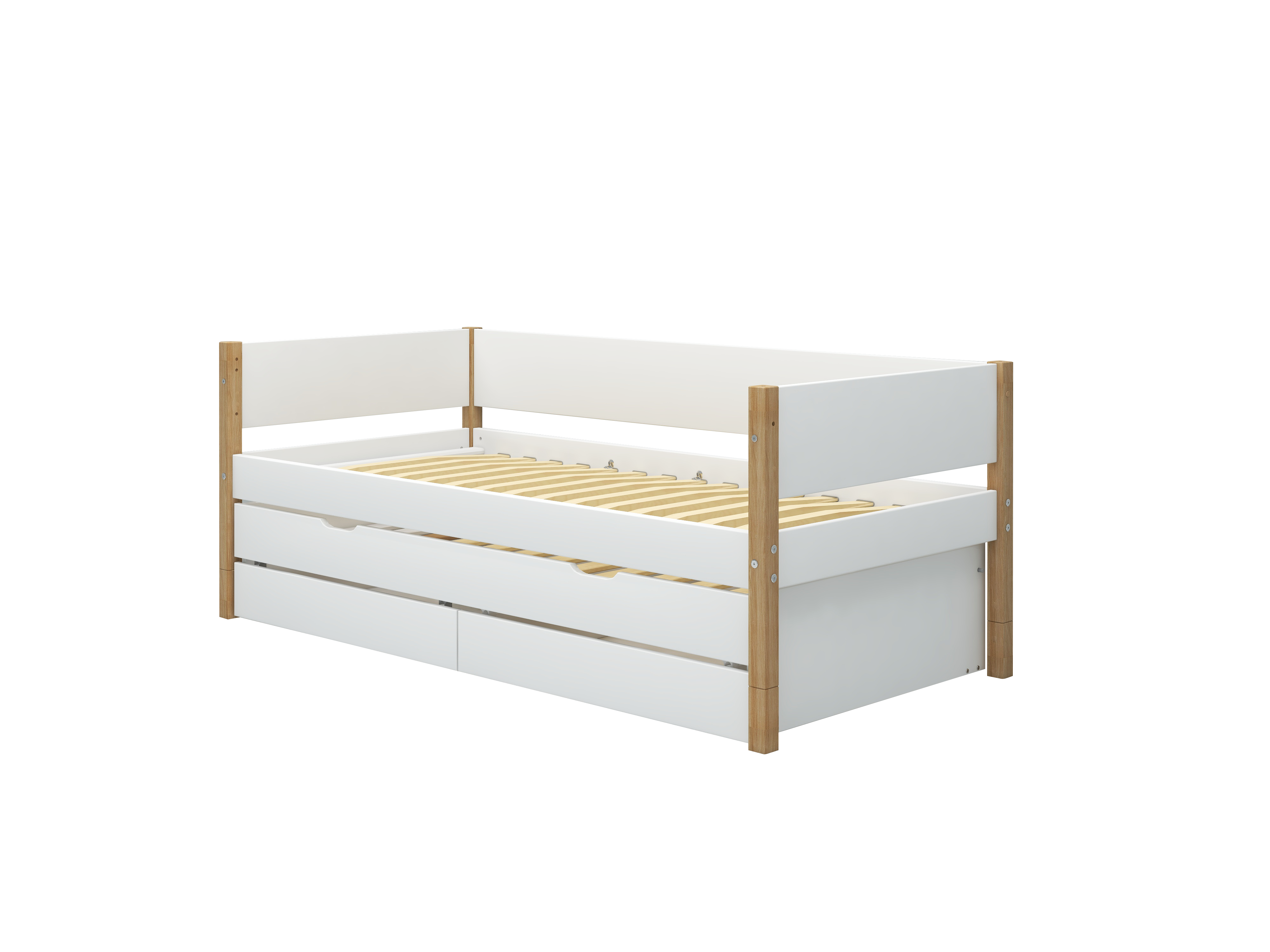 FLEXA NOR Enkeltseng 90x200 cm m. baggavl incl. 2 skuffer og udtræksseng - Hvid/eg