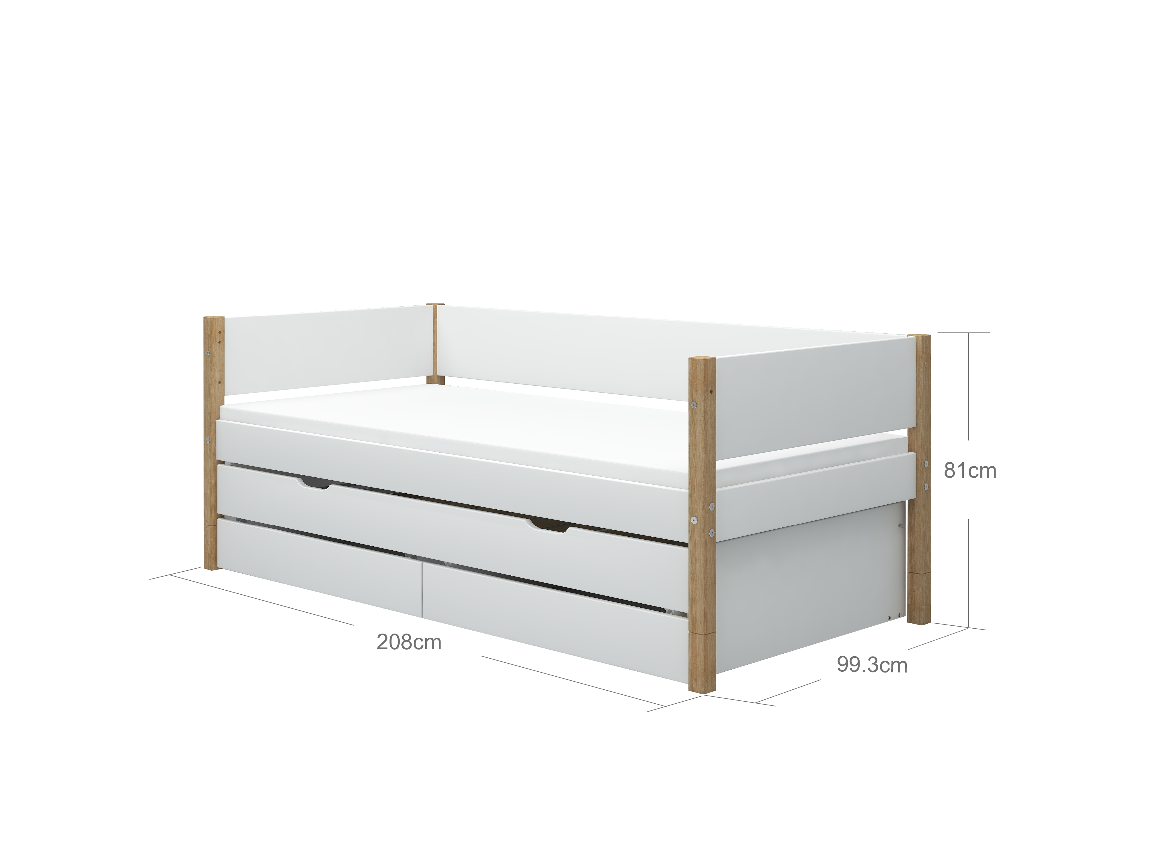 FLEXA NOR Enkeltseng 90x200 cm m. baggavl incl. 2 skuffer og udtræksseng - Hvid/eg