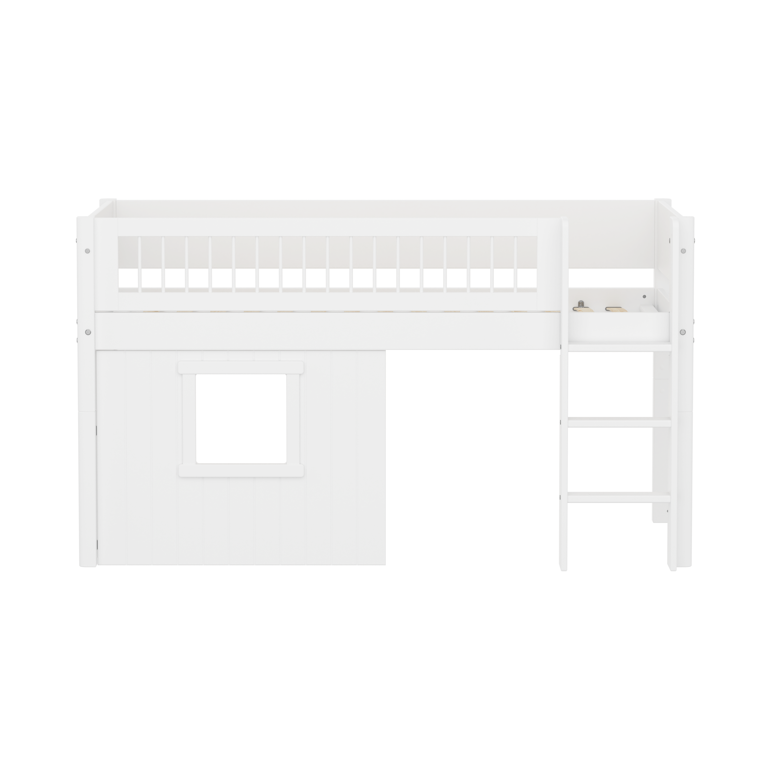 FLEXA WHITE Halvhøj seng 120 cm med stige, crossbar sengehest og træhytte-sengefronter 90x200 cm - Hvid