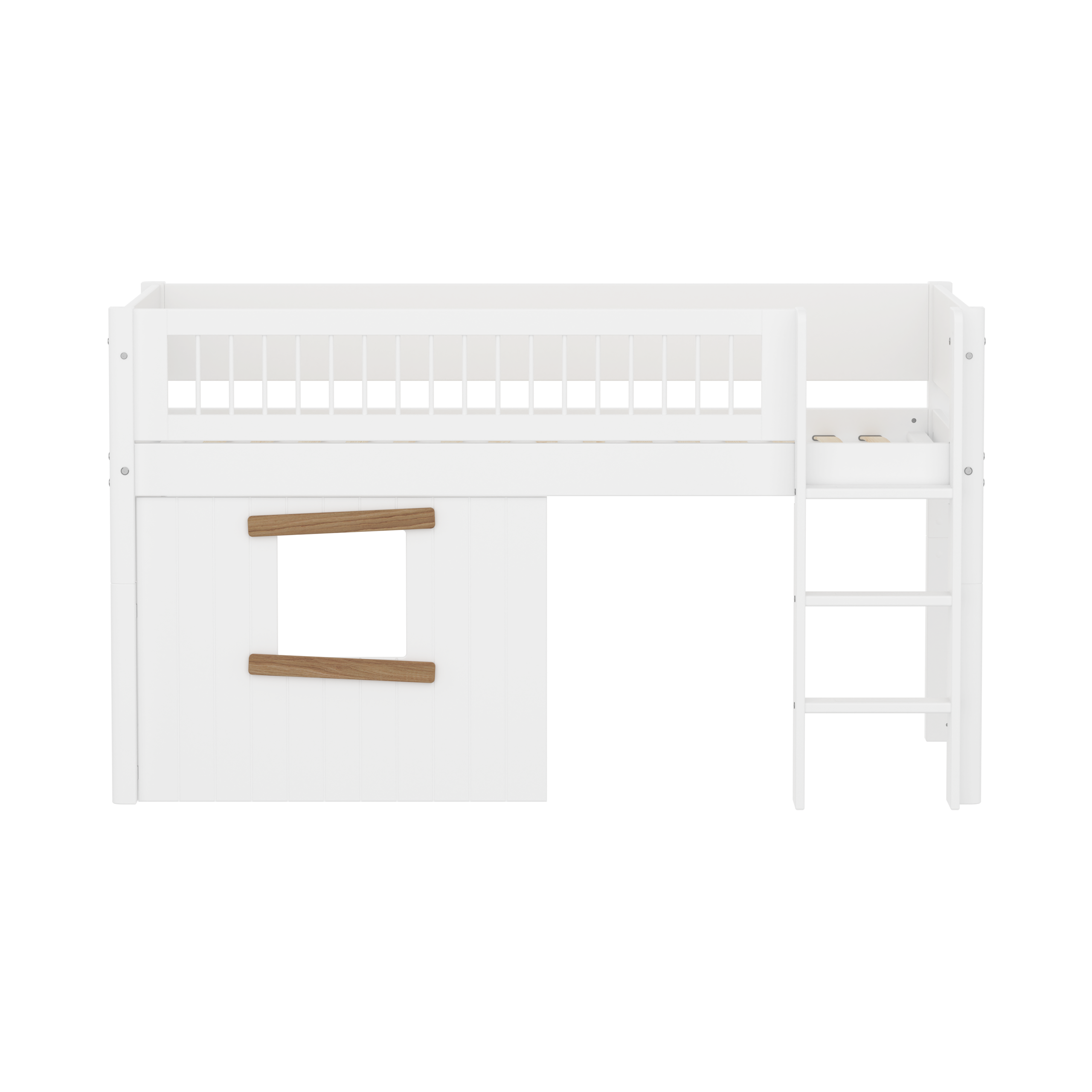 FLEXA WHITE Halvhøj seng 120 cm med stige, crossbar sengehest og træhytte-sengefronter 90x200 cm - Hvid/eg