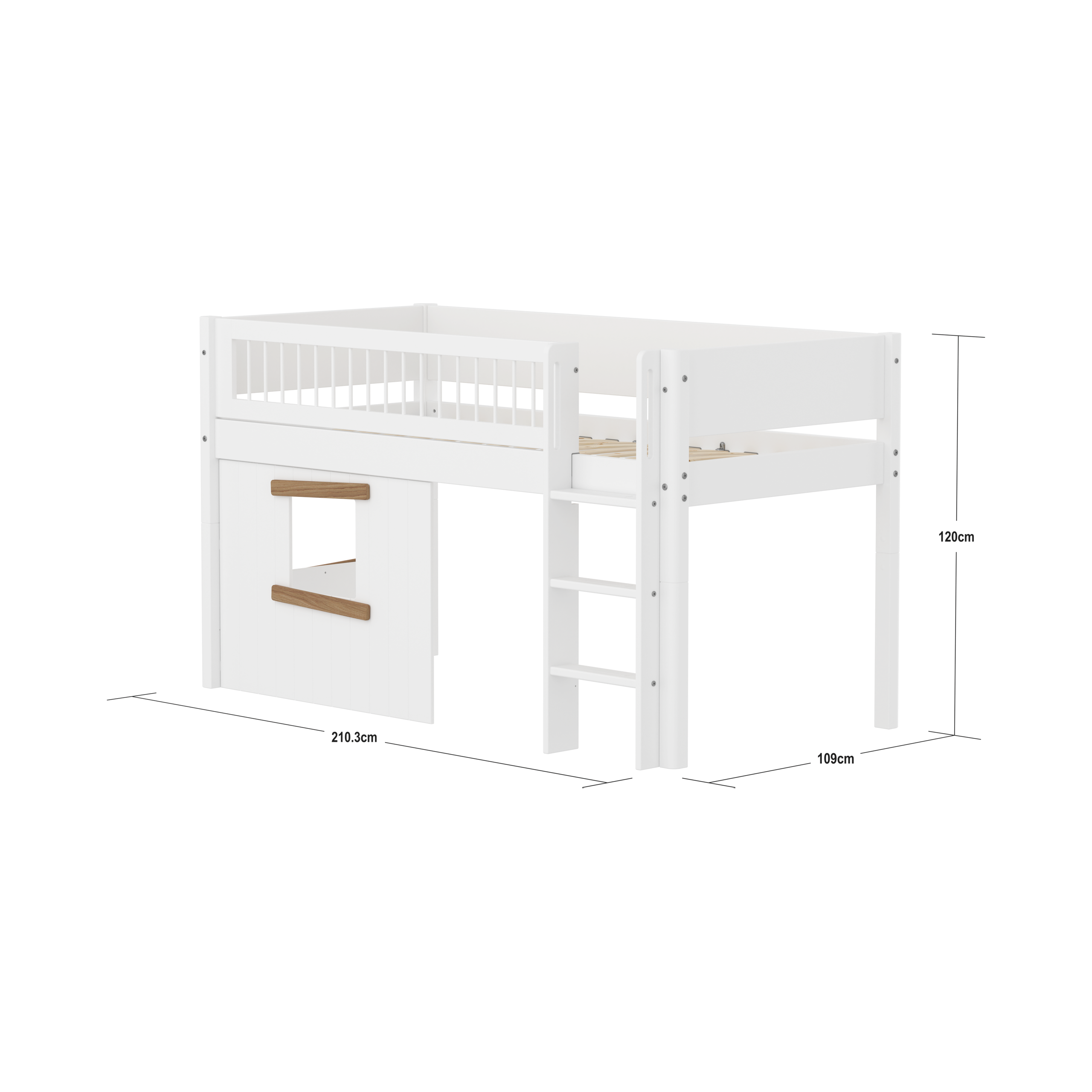FLEXA WHITE Halvhøj seng 120 cm med stige, crossbar sengehest og træhytte-sengefronter 90x200 cm - Hvid/eg
