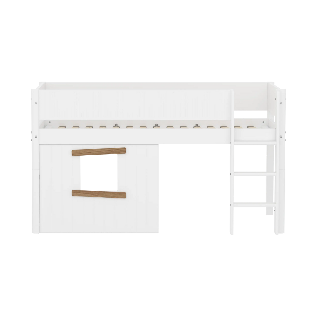 FLEXA WHITE Halvhøj seng 120 cm med stige, sengehest og træhytte 90x200 cm - Hvid/eg