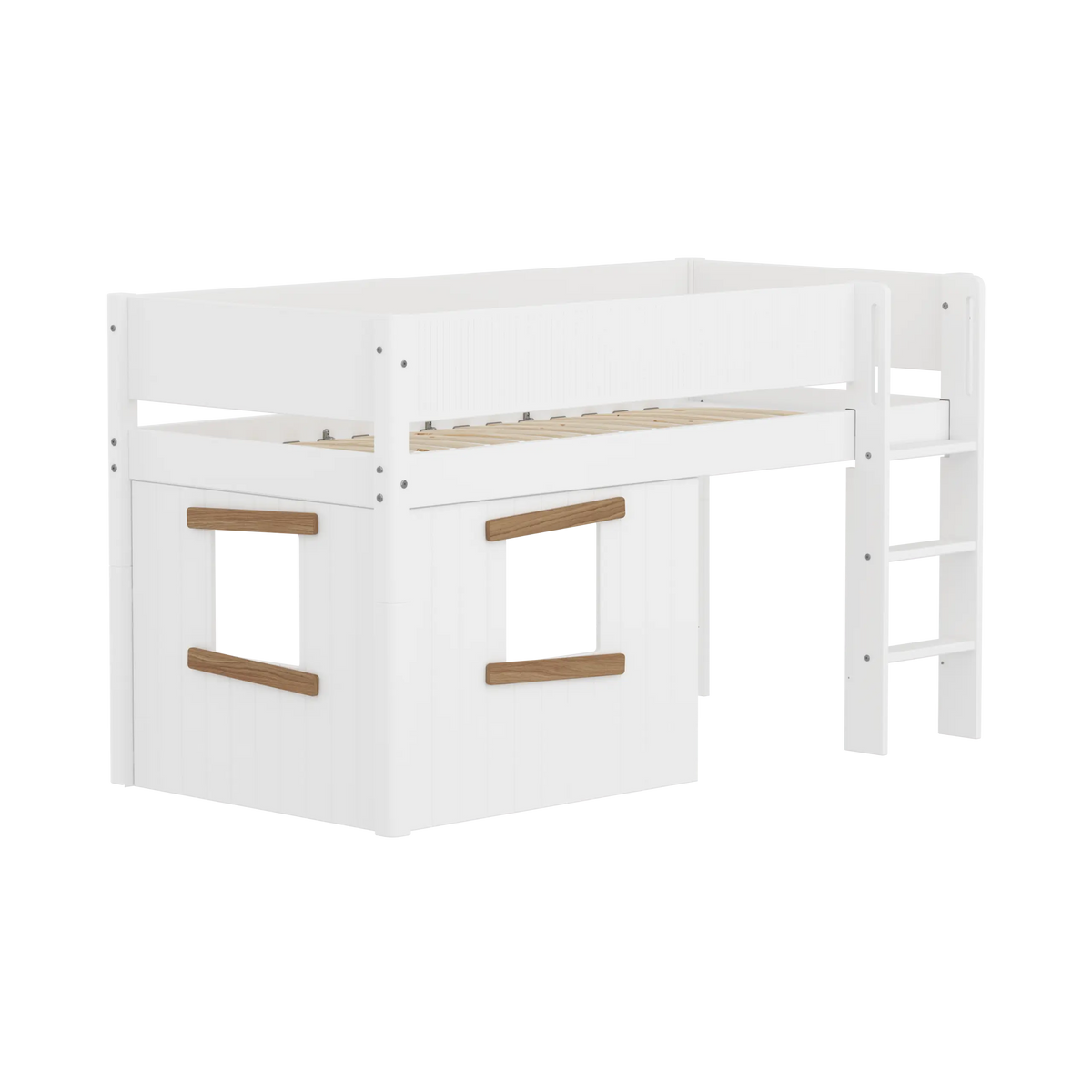 FLEXA WHITE Halvhøj seng 120 cm med stige, sengehest og træhytte 90x200 cm - Hvid/eg