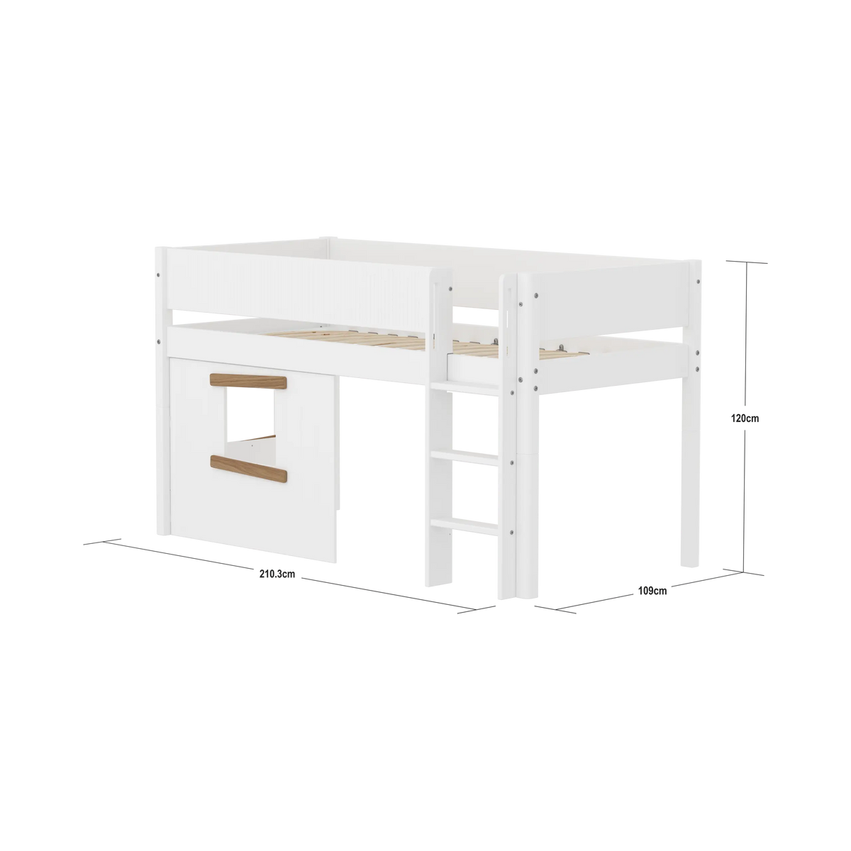 FLEXA WHITE Halvhøj seng 120 cm med stige, sengehest og træhytte 90x200 cm - Hvid/eg