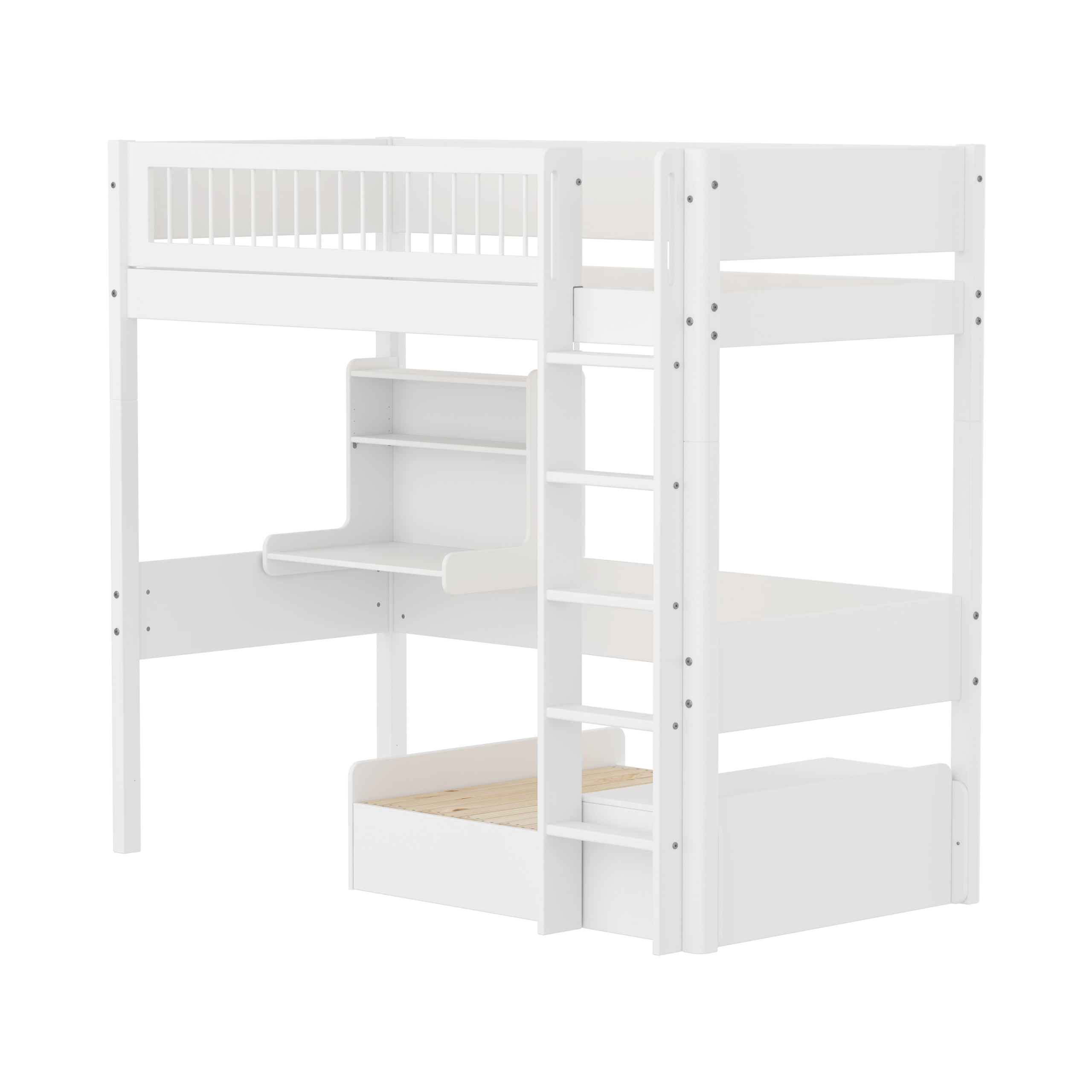 FLEXA WHITE Casa Højseng med crossbar sengehest, stige, click on skrivebord og gæsteseng 90x200 cm - Hvid/eg