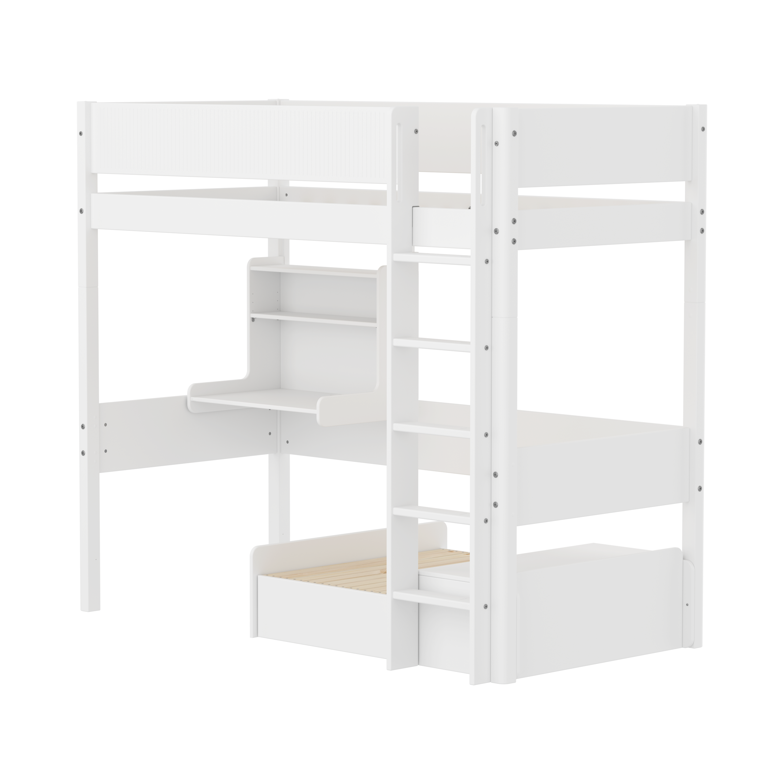 FLEXA WHITE Casa Højseng med grooves sengehest, stige, click on skrivebord og gæsteseng 90x200 cm - Hvid/eg