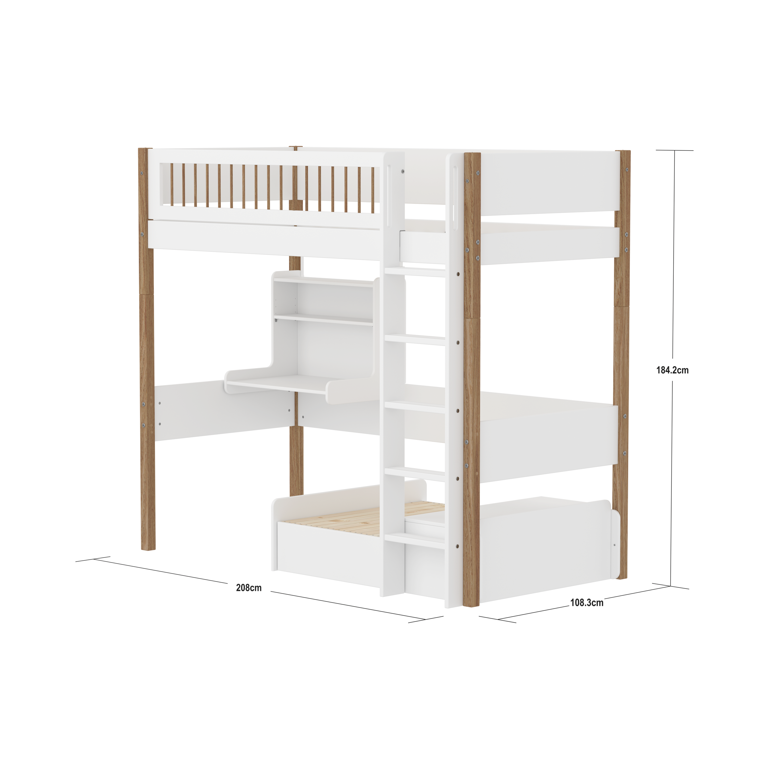 FLEXA NOR Casa Højseng med crossbar sengehest, stige, skriveborg og gæsteseng  90x200 cm- Hvid/eg
