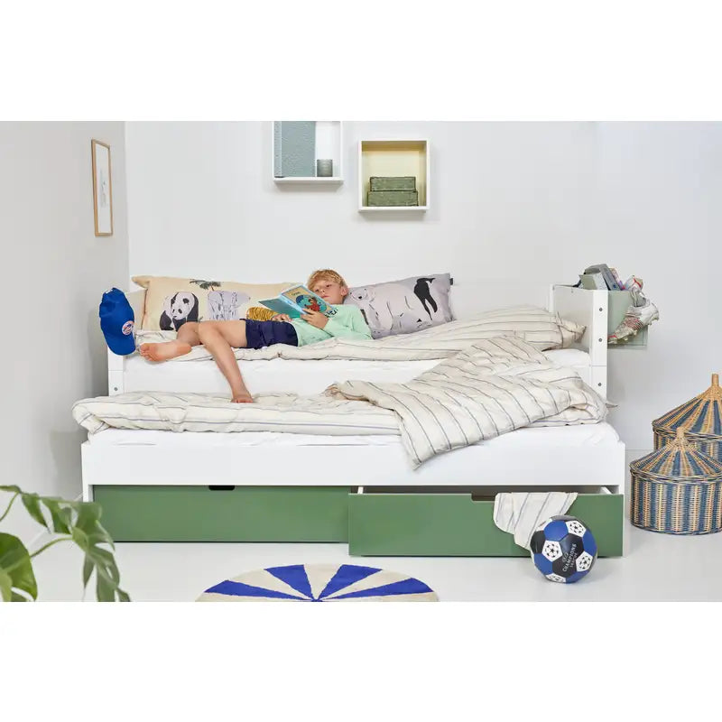 Enkeltseng Luna med skuffer i Dark Green og udtræksseng